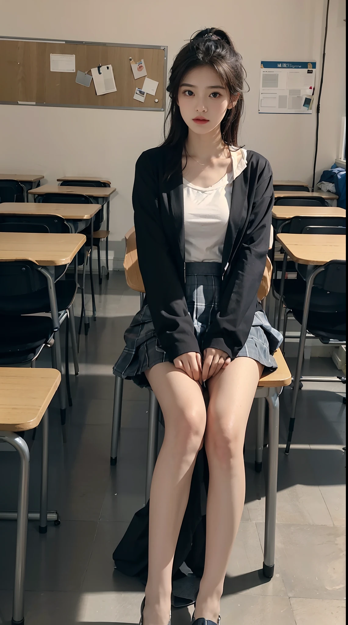 best qualityer,Highest high resolution,one-girl,pupils,Exquisite facial features,largeeyes,long eyelasher,Hydrated red lips,Blushlush,Grim expression,long and flowing hair,Student uniform(nipple tops:Usually long- or short-sleeved shirts,The collar can be a lapel or a stand collar,The color is usually white、Light blue or other light colors。In some schools,The shirt may have the school logo or school name printed on it。
Manteau:Usually a blazer or blazer,The color may be the same or slightly different from the top。In some schools,Jackets may require a school logo or school name。
Skirt or pants:Usually black、Dark blue or other dark pleated skirts or pants。The skirt length is usually above the knee,Pants are usually straight legs or leggings。
shoe:Usually black、Dark blue or other dark leather or sneakers。In some schools,Students may be required to wear lace-up shoes or round-toe shoes),Exquisite facial features,perfect body figure,in class room,Sit in front of the blackboard,sit on chair, Black stockings are particularly eye-catching,中景 the scene is,Great for students,with hands behind her back,Put your hands in your pockets,Do not show your hands,Doing,Doing,Ultra-close-up,Close-up of people,solo person,Solo