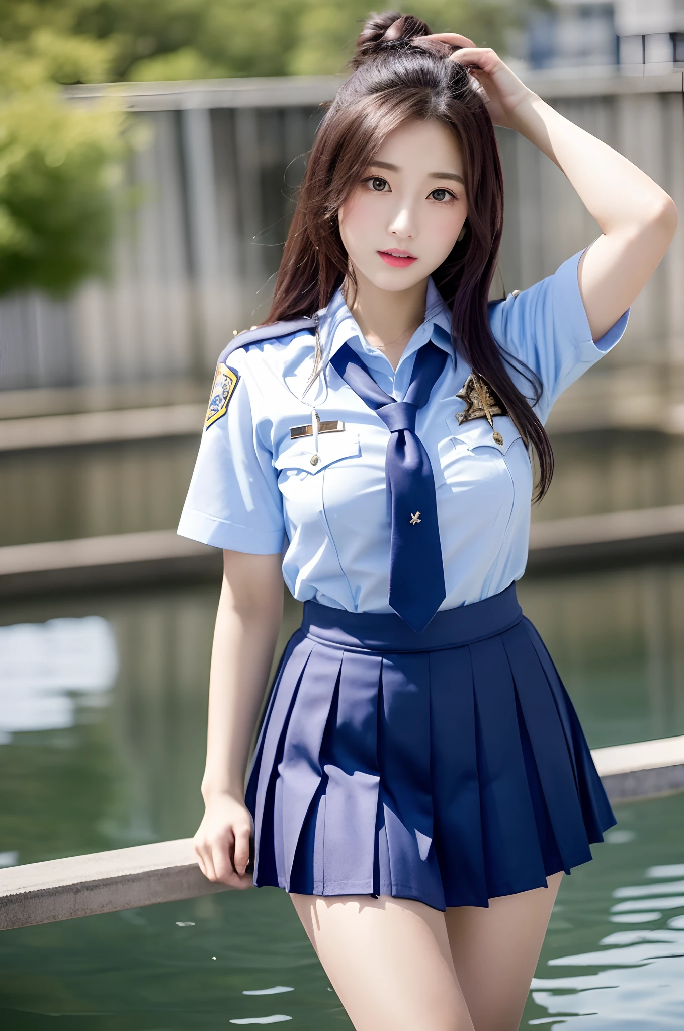 japanaese girl、Police Girl、perfect body type、Transparency、Transcendent Big、School Uniforms、Navy blue tie、Navy blue skirt、Light blue shirt、hposing Gravure Idol、waterside、Fancy makeup