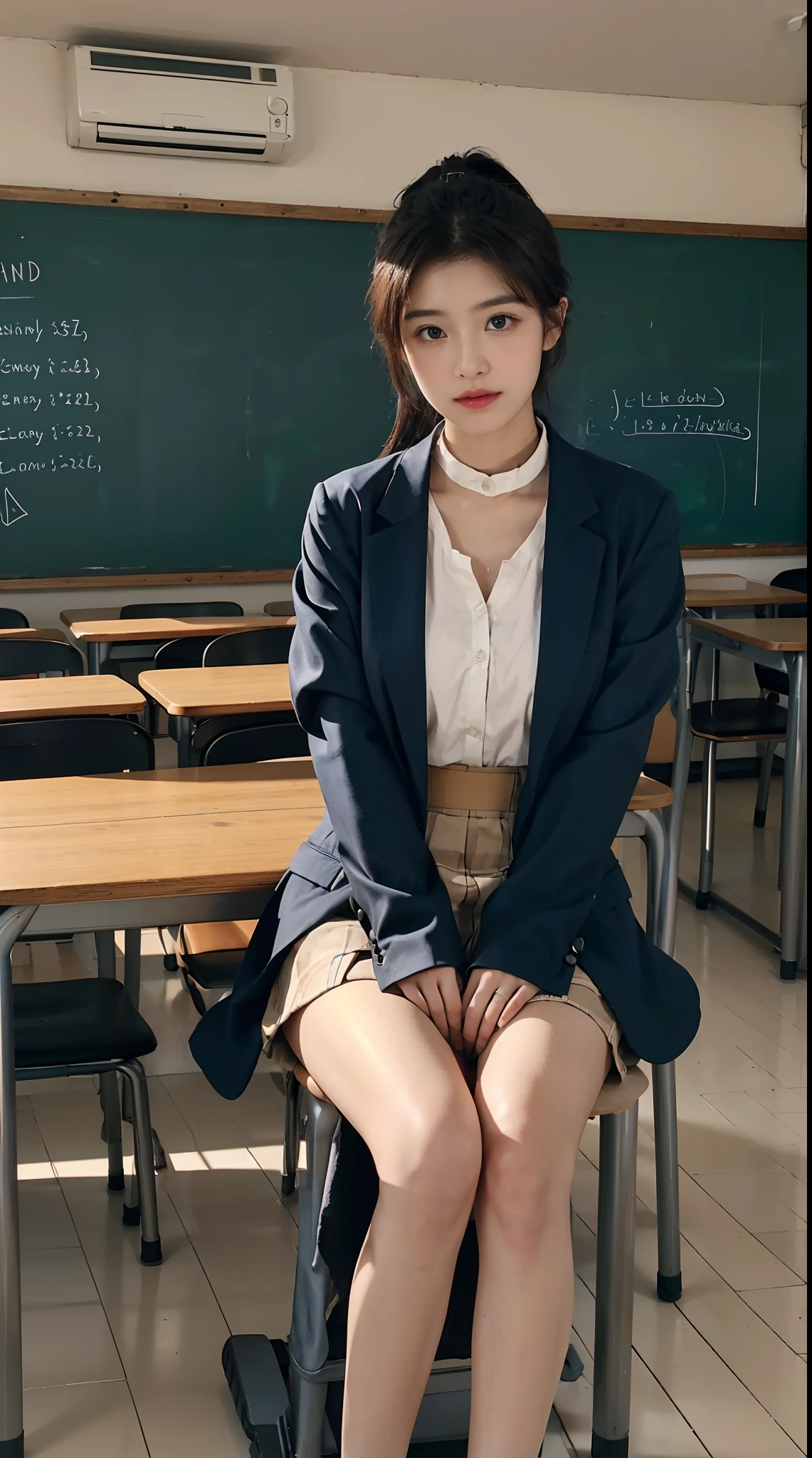 best qualityer，Highest high resolution，one-girl，pupils，Exquisite facial features，largeeyes，long eyelasher，Hydrated red lips，Blushlush，Grim expression，long and flowing hair，Student uniform（nipple tops：Usually long- or short-sleeved shirts，The collar can be a lapel or a stand collar，The color is usually white、Light blue or other light colors。In some schools，The shirt may have the school logo or school name printed on it。
Manteau：Usually a blazer or blazer，The color may be the same or slightly different from the top。In some schools，Jackets may require a school logo or school name。
Skirt or pants：Usually black、Dark blue or other dark pleated skirts or pants。The skirt length is usually above the knee，Pants are usually straight legs or leggings。
shoe：Usually black、Dark blue or other dark leather or sneakers。In some schools，Students may be required to wear lace-up shoes or round-toe shoes），Exquisite facial features，perfect body figure，in class room，Sit in front of the blackboard，sit on chair, Black stockings are particularly eye-catching，中景 the scene is，Great for students，with hands behind her back，Put your hands in your pockets，Do not show your hands，Doing，Doing，Ultra-close-up，Close-up of people，solo person，Solo