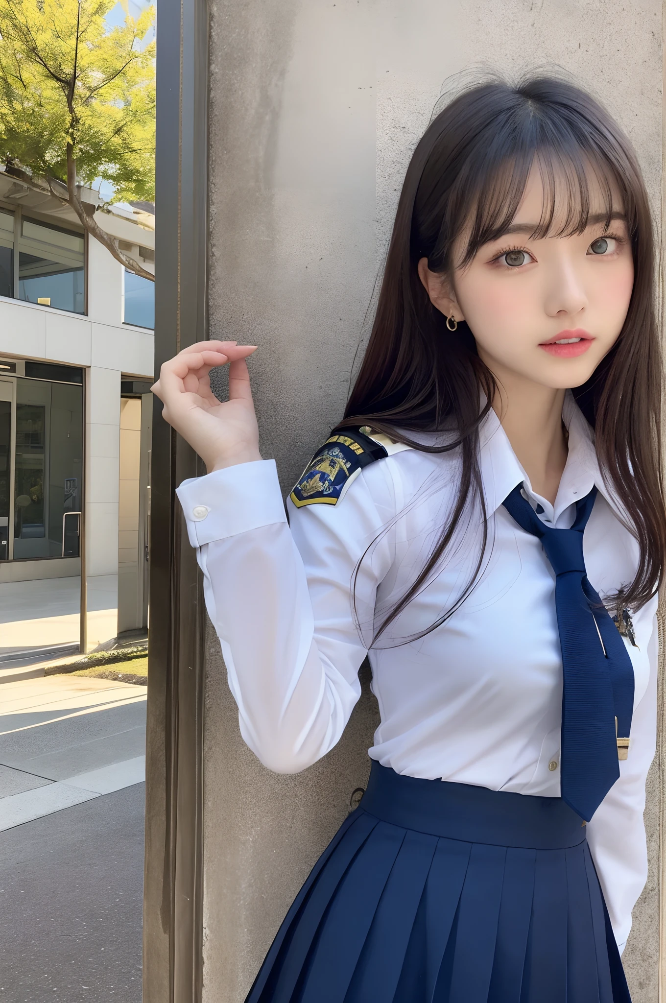(1 Korean star with royal sister style), ((best quality, 8k, masterpiece: 1.3)), (slender body: 1.3), focus: 1.2, perfect body beauty: 1.4, (smile), (street: 1.3), highly detailed face and skin texture, fine eyes, double eyelids, whitened skin, (black straight face: 1.3), (round face: 1.2), (uniform skirt: 1.4),
