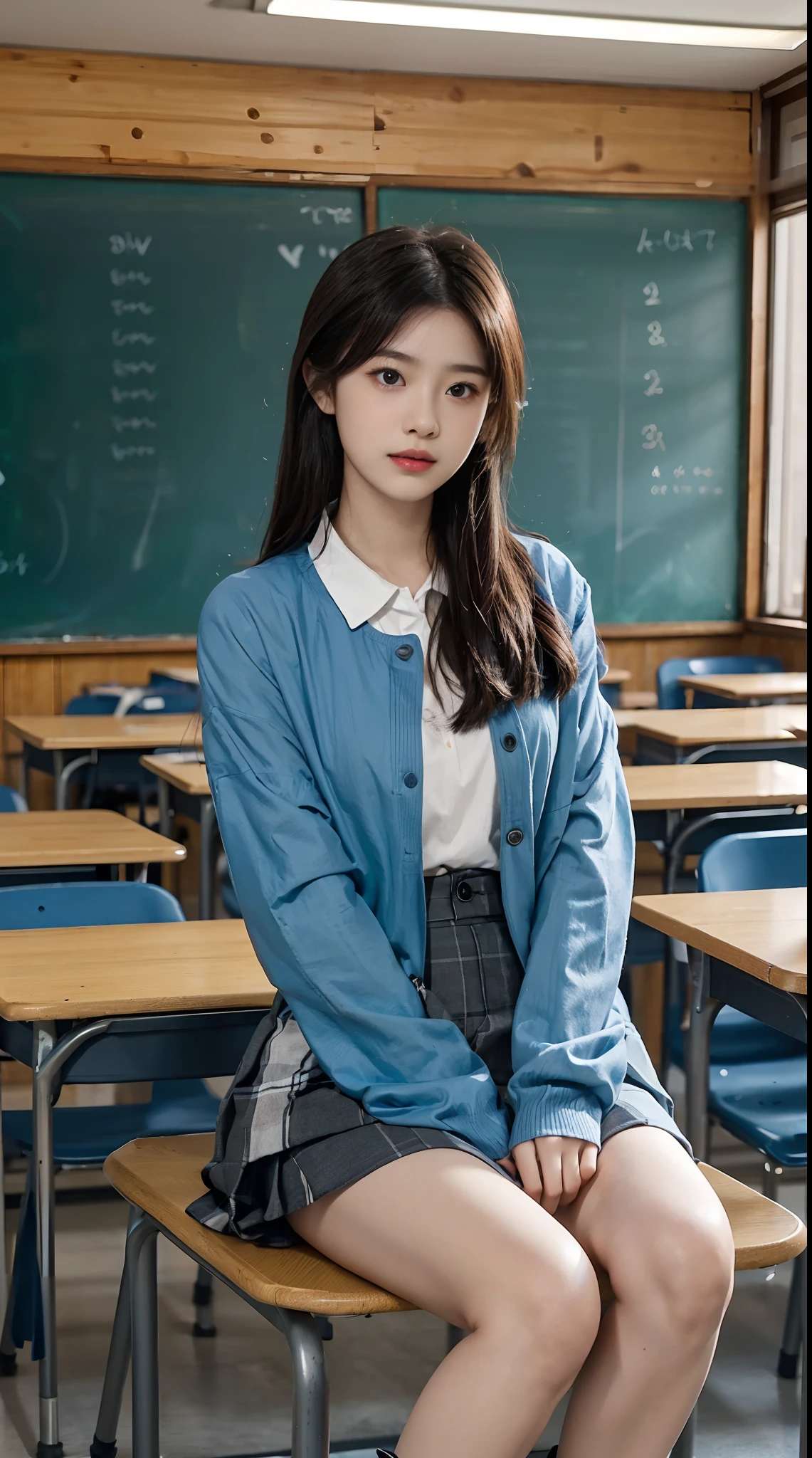 best qualityer，Highest high resolution，one-girl，pupils，Exquisite facial features，largeeyes，long eyelasher，Hydrated red lips，Blushlush，Grim expression，long and flowing hair，Student uniform（nipple tops：Usually long- or short-sleeved shirts，The collar can be a lapel or a stand collar，The color is usually white、Light blue or other light colors。In some schools，The shirt may have the school logo or school name printed on it。
Manteau：Usually a blazer or blazer，The color may be the same or slightly different from the top。In some schools，Jackets may require a school logo or school name。
Skirt or pants：Usually black、Dark blue or other dark pleated skirts or pants。The skirt length is usually above the knee，Pants are usually straight legs or leggings。
shoe：Usually black、Dark blue or other dark leather or sneakers。In some schools，Students may be required to wear lace-up shoes or round-toe shoes），Exquisite facial features，perfect body figure，in class room，Sit in front of the blackboard，sit on chair, Black stockings are particularly eye-catching，中景 the scene is，Great for students，with hands behind her back，Put your hands in your pockets，Do not show your hands，Doing，Doing，Ultra-close-up，Close-up of people，solo person，Solo