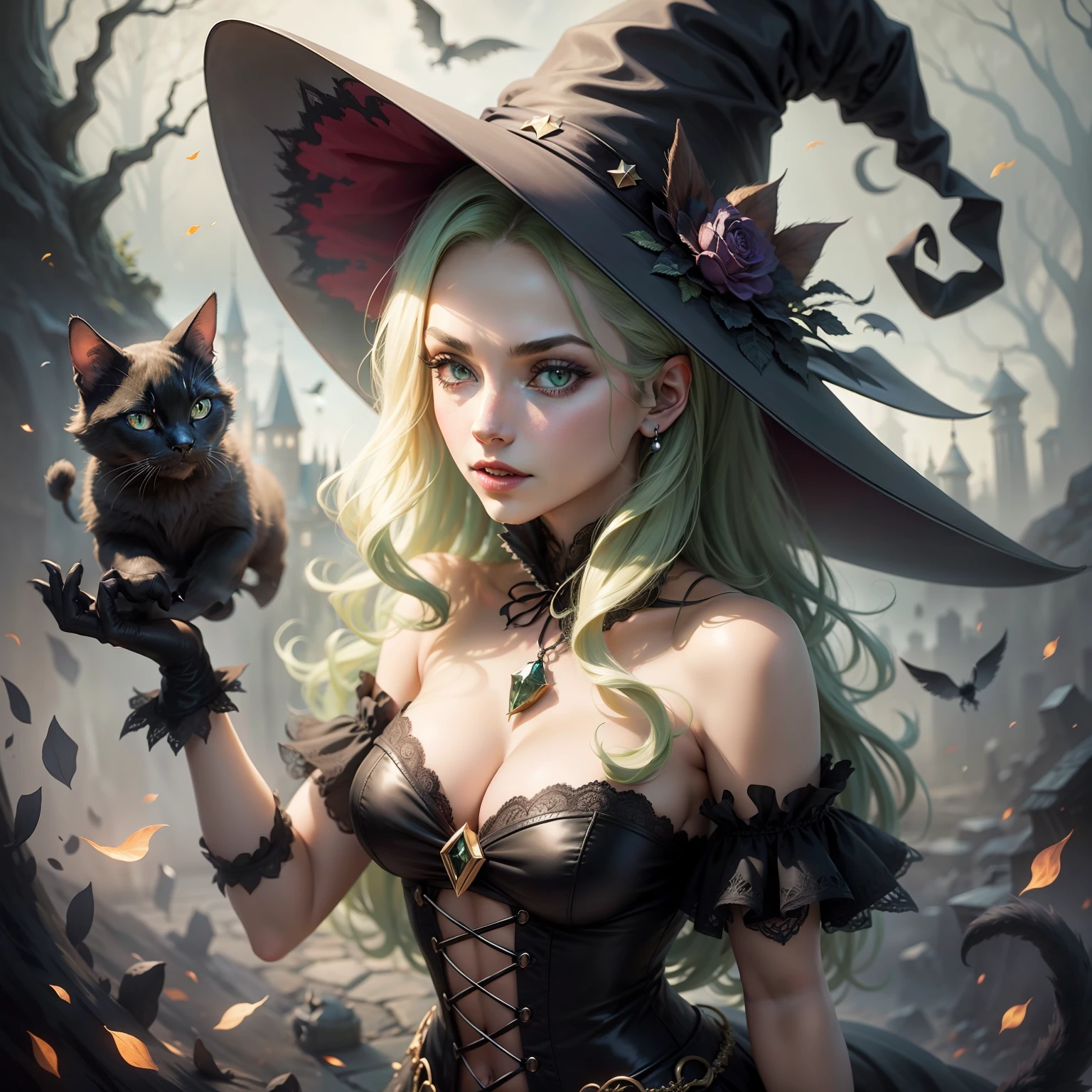 Beautiful Wicked witch, wearing a big witch hat, black cat, spell a big