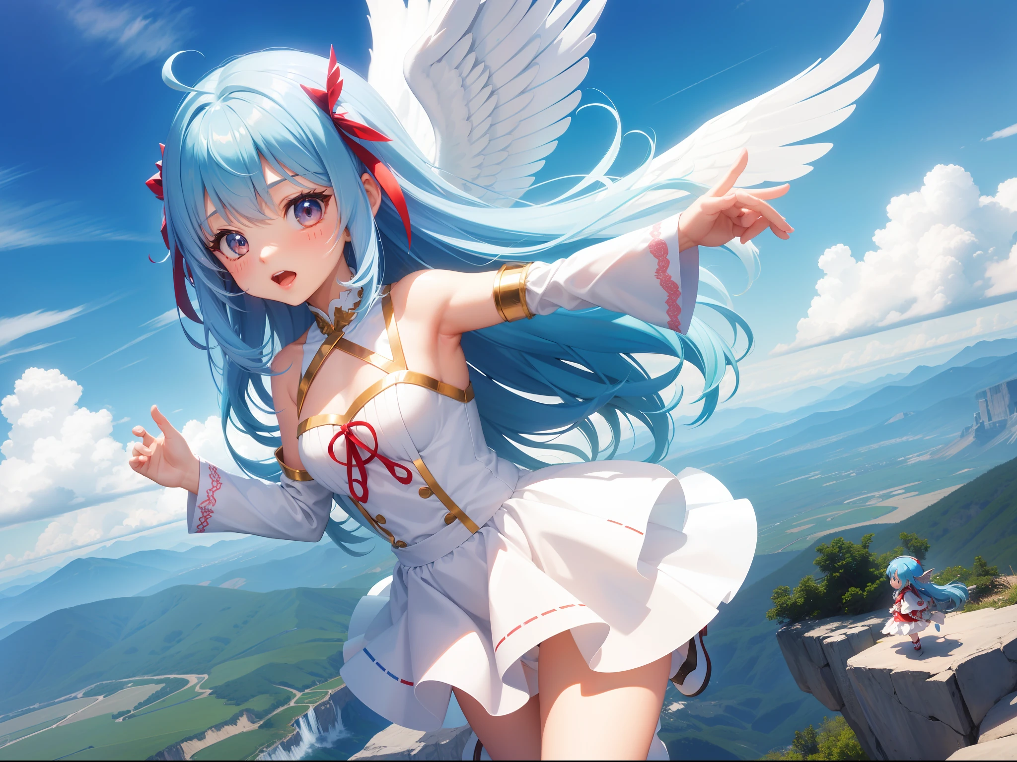 Girl Character With the Wings of an Angel、Dancing over the mountains。long hair with blue hair((Chibi Chara))、Red and white costume、girl with、Chibi Chara、full body Esbian、Pastel colors hair、masutepiece、top-quality、Large in the center