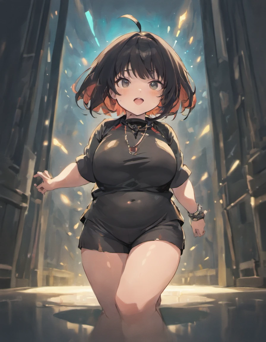 Solo, 1boy, chubby body, fat body, fat, chubby, Chubby cheeks, thick thighs, black eyes, black spiky hair, pale white skin, bracelets, choker, black shirt, black shorts, black shoes, smile, looking at the viewer, standing, white background, full Body