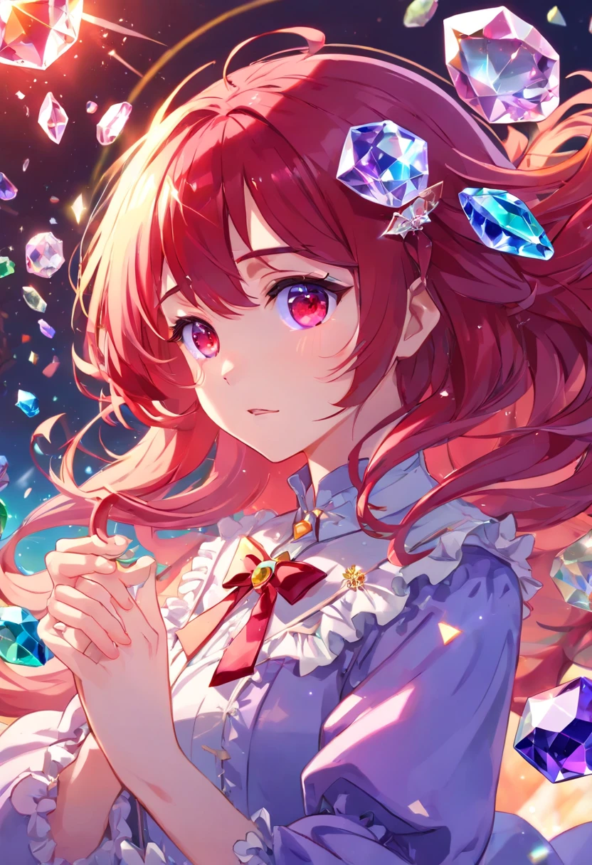 (((crystals texture Hair)))，{{{{{Extremely detailed CG}}}}},{{8K_the wallpaper}},{{{{Crystalline purple gemstone gloves}}}},((Beautiful detailed glass hair)),((Glass shaped texture hand)),((crystallize texture body)),gem body,Hands as clear as jewels,crystallization of clothes,((crystals texture skin)),Sparkle, Lens flare, light  leaks, Broken glass，{{{{detailed glass shaped clothes}}}}， ((Masterpiece)), (((Best quality))), ((Ultra-detailed)), ((illustration)), ((Disheveled hair)), ((frilld)), (1 girl), (Solo), Dynamic Angle, big top sleeves, Floating, beautiful detailed gemstone sky, gemstone sea, Beautiful detailed eyes, Overexposure, side blunt bangs, hairs between eyes, Ribbons, neck bowtie, macaron, Bare shoulders, (((Small breast))), Pleated skirt, crystals texture flowers， ((detailed crystallized clothing)),(gemstone of body)，solofocus,{{{{{{{{Iridescence and rainbow hair:2.5}}}}}}},{{{{{{detailed cute anime face}}}}}},{{Loli}},{{{{{aquarelle_(mediating)}}}},(((Masterpiece))),(((clock))),(((Red))),(((Blood))),finedetail,Depth of field,Blood drop,Blood fog