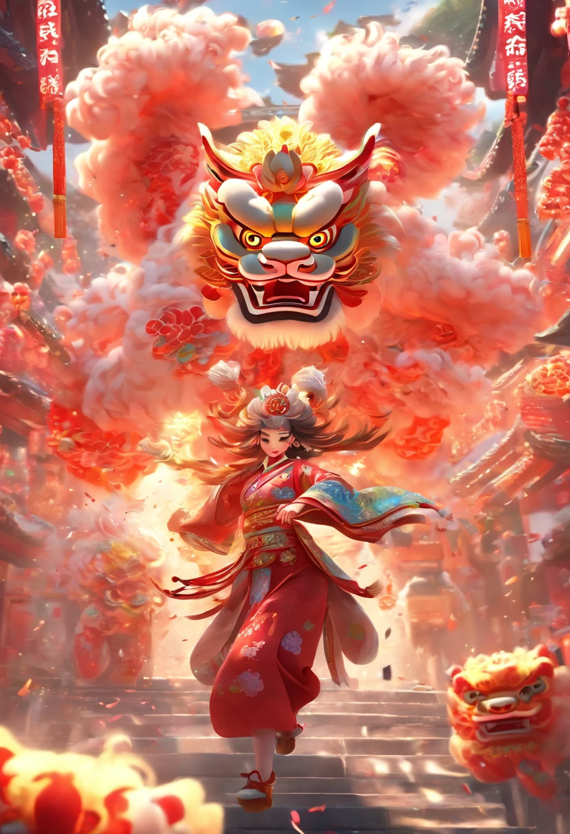 China-style,Guangzhou lion dance girl,samurai clothing,highly detailed surreal vfx,Smudge,super-fine,ultra - detailed,high qulity,8K ,oc rendered,full body pov