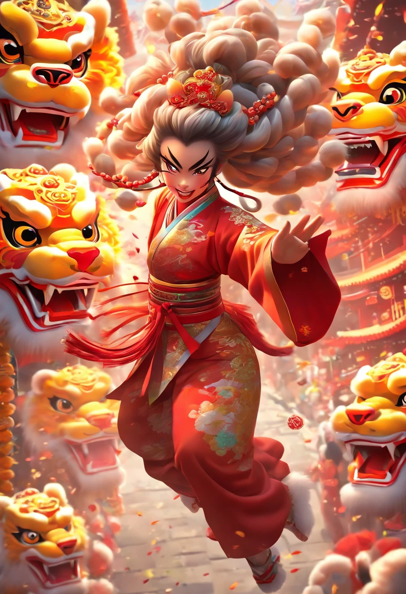 China-style,Lion dance girl,highly detailed surreal vfx,Smudge,Faraway view,super-fine,ultra - detailed,high qulity,8K ,oc rendered,full body pov