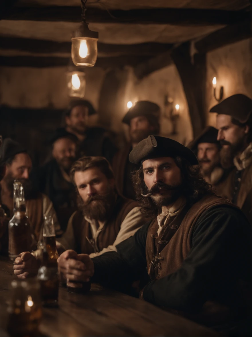 A group of bearded and mustachioed men in medieval Europe drinking beer in a tavern, the atmosphere of the tavern is like that of a pirate movie, long shot, cinematic, 8k resolution , masterpiece