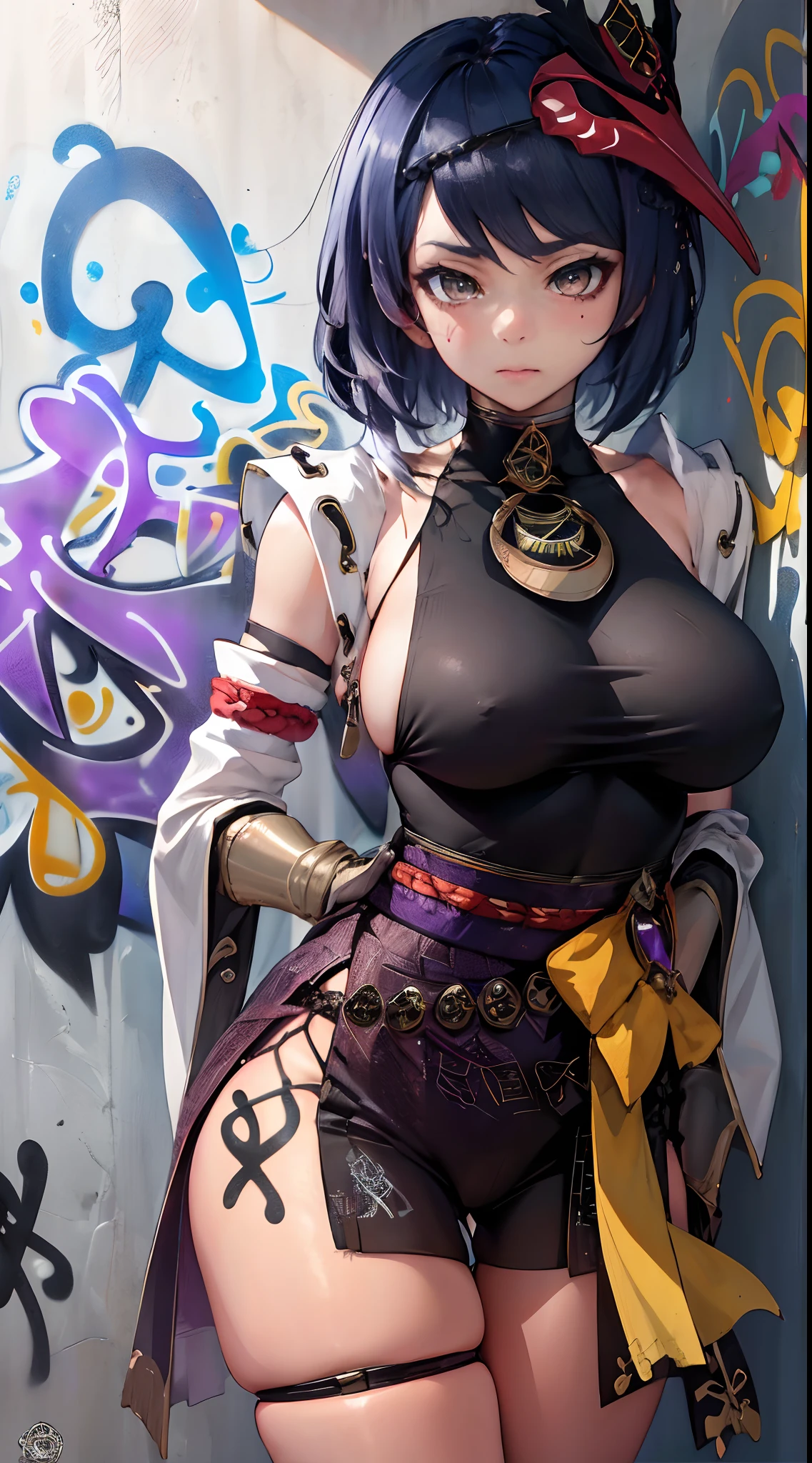 Kujou Sara Genshin Effect, masterpiece, bestquality, 1girls, oversized breasts, bara, choker, (Graffiti:1.5), Splash with purple lightning pattern., arm behind back, against wall, View viewers from the front., Thigh strap, Head tilt, bored, water eyes,