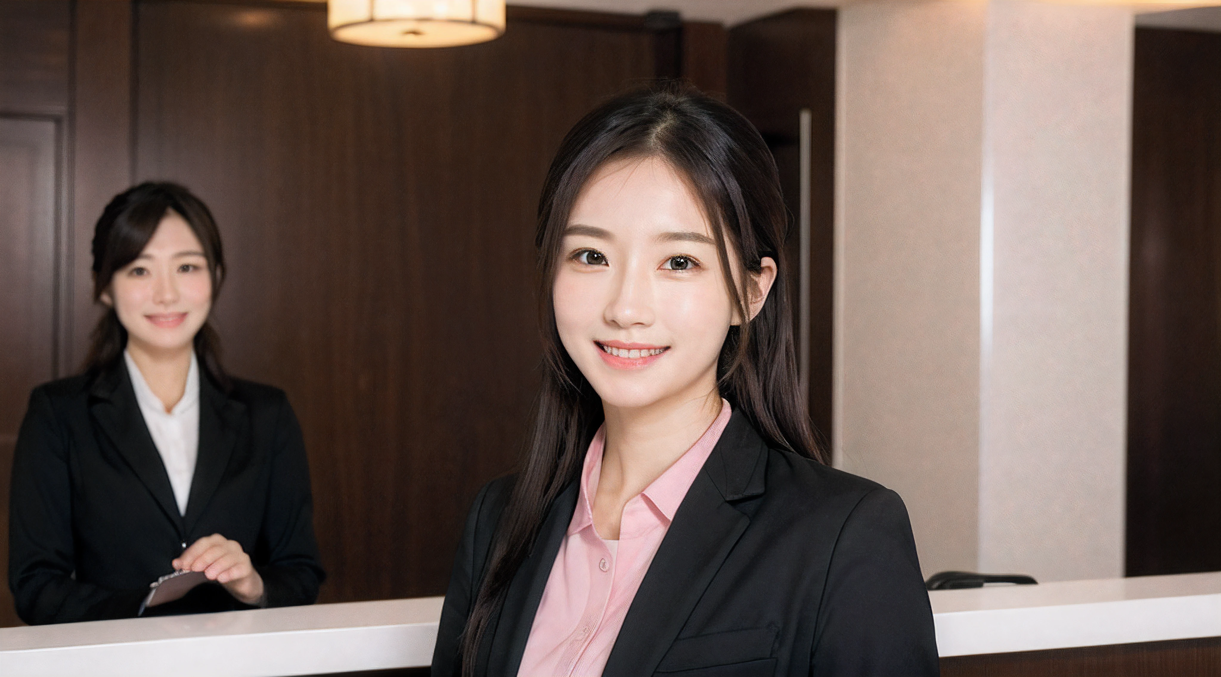 Hotel reception、face forcus、Female front desk staff,Black jacket、Pink Button Shirt、a picture、A detailed face、Detailed lips、A detailed eye、a smile