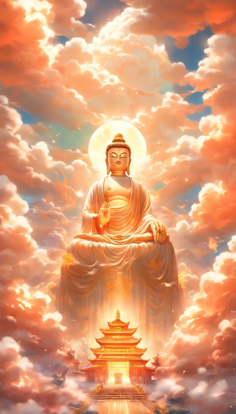 ((Meisterwerk)),(best quality)),Im Porzellan-Stil,am Himmel, Die Wolken bilden eine riesige, transparente, bright white jade maitreya Buddha statue,dicke Wolken,Die Sonne scheint,Pilger unterwegs,hyperrealistisch,Ultra-Foto-Realisim,Echte Photographie,8K,hight resolution,High quality,Werke von Meistern,superfein,(((OC-Renderer)))