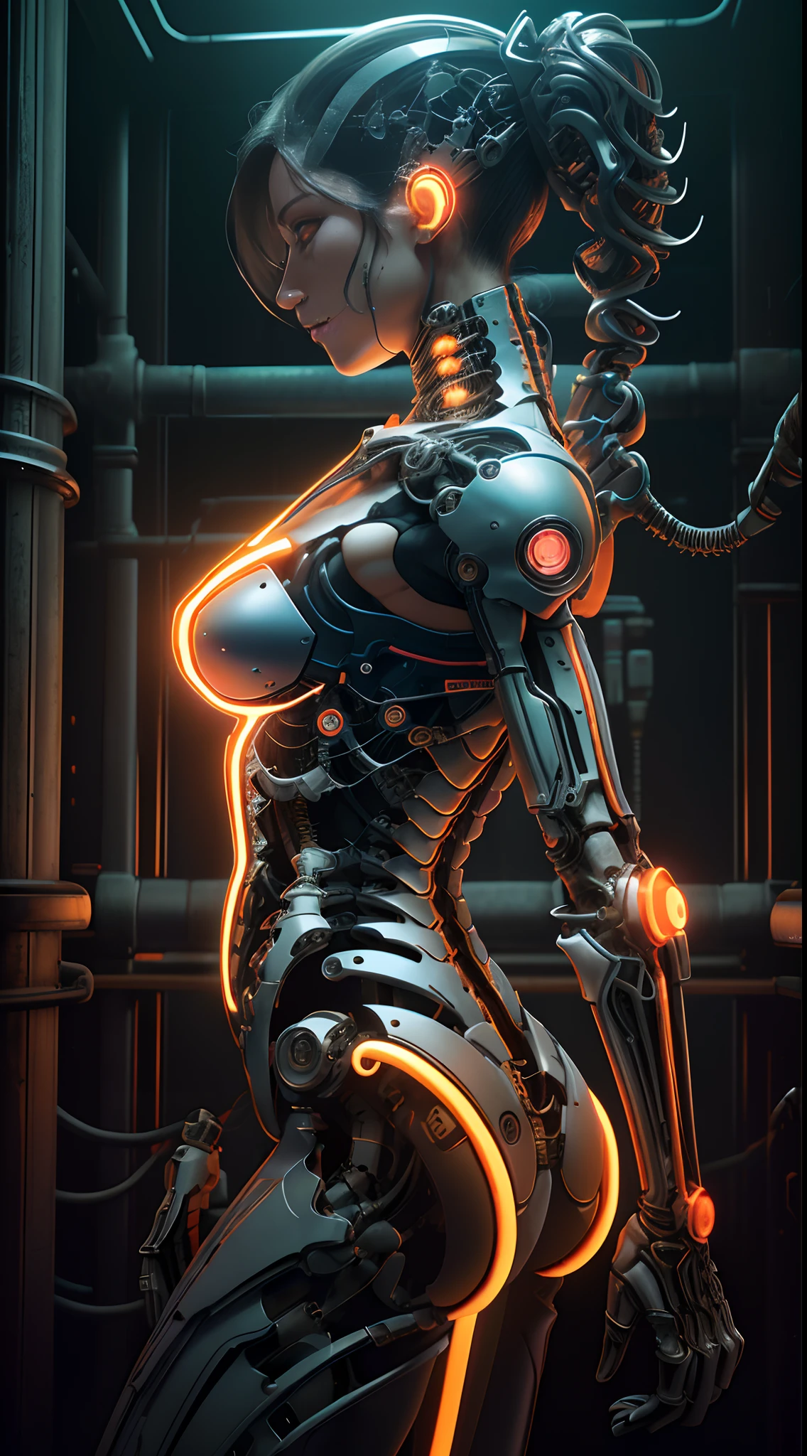 Reelmech, Sirvienta , (((obra maestra))), (((La mejor calidad))), ((ultra detallado)), (Highly detailed CG illustration), ((un extremadamente delicado y hermoso)),(Front view),CinematicLight,((1mechanical girl)),solamente,cuerpo completo,(machine made joints:1.2),((machanical limbs)),(Blood Vessels Attached to Tubes),(mechanical vertebra attaching to the back),((mechanical cervial attaching to neck)),(ojos cerrados),inexpresivo,(alambres y cables que se fijan al cuello:1.2),(alambres y cables en la cabeza:1.2)(enfoque del personaje),Science-Fiction,extremadamente detallado,De color,highest detailed,(laboratorio:1.4),fondo azul:1.4),(neon lights Orange:1.4), motor irreal:1.4,UHD,La mejor calidad:1.4, (fotorrealista:1.4, textura de la piel:1.4, obra maestra:1.8,