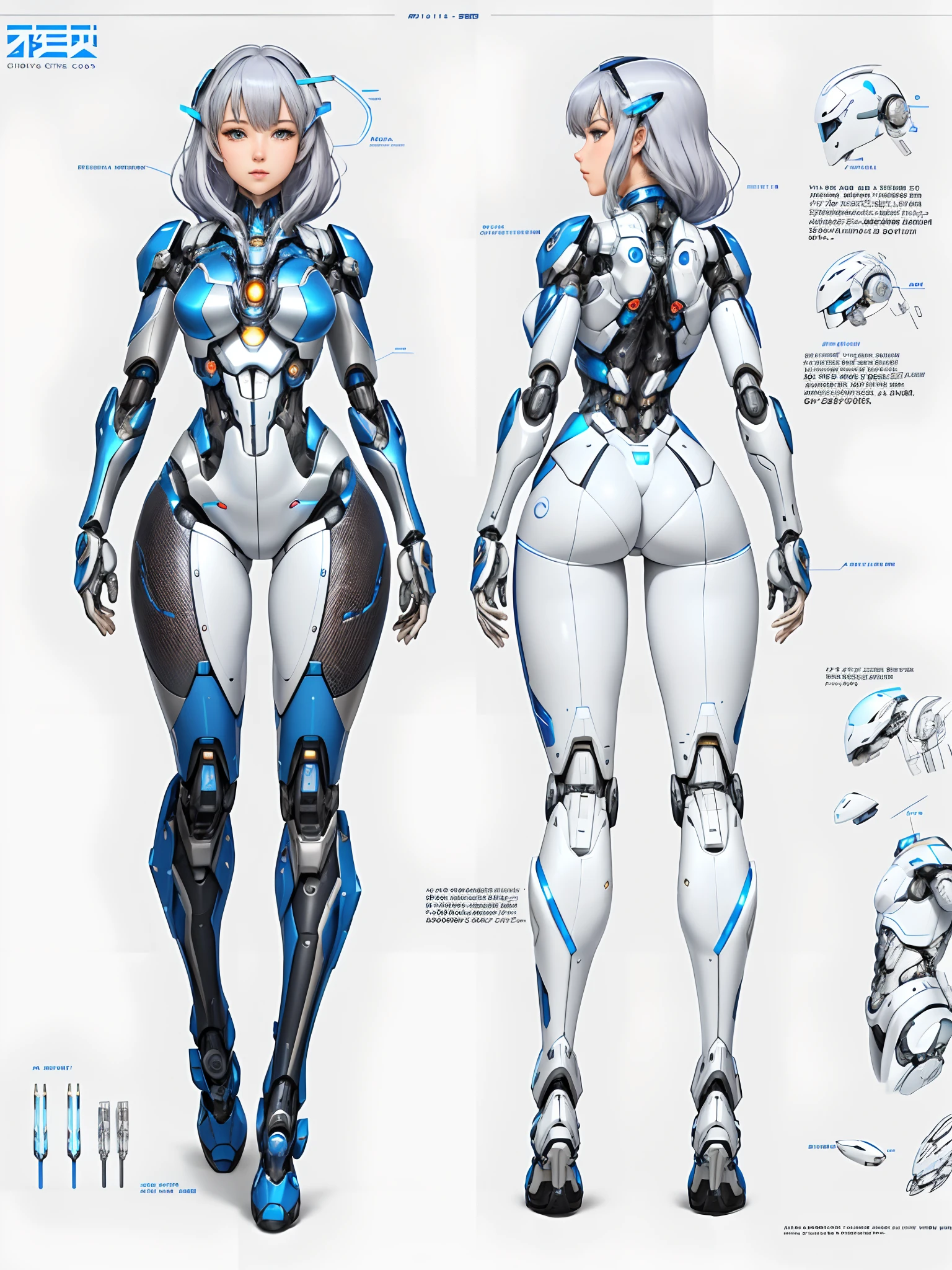 Close-up of a man wearing a blue and white design tights, gynoid cyborg body, female mecha, perfect anime cyborg woman, Biomechanical OPPAI, cyborg tech on body and legs, girl in mecha cyber armor, mech body, Beautiful white girl cyborg, Mecha suit, Beautiful robot character design, diverse cybersuits