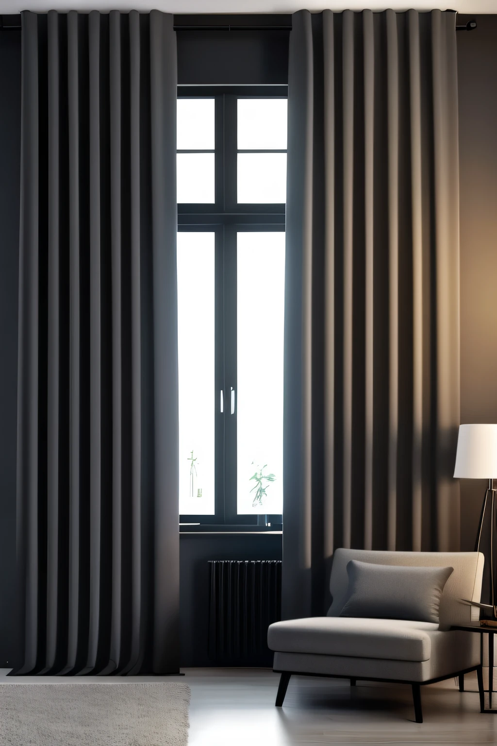 room, thick curtains, blackout curtains, dark gray curtains, interior, interior design, modern, closed curtains, night, dark environment, (masterpiece),(high quality), best quality, real, (realistic), super detailed, (full detail),(4k),8k