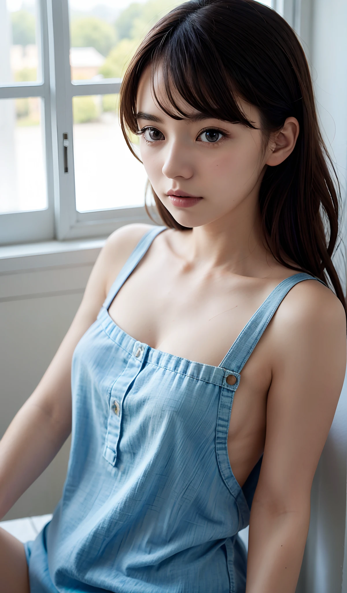 (Top image quality、8K、​masterpiece：1.3))、Realistic high-quality photos、top-quality、girl cute-fine face、 beautiful Japan girl、Photo of slim little girl Beautiful girl model、young japanese girl、Young cute face、japanaese girl、13-year-old femaleodeautifModel Girl、The innocent look of the girl next door、lovely delicate face、Brown hair、Beautiful brown eyes、Tear bag、drooing eyes、young body、Girl hanging from the ceiling with her arms tied by a rough rope、Ropes tied her body、Rough rope that cuts into the crotch