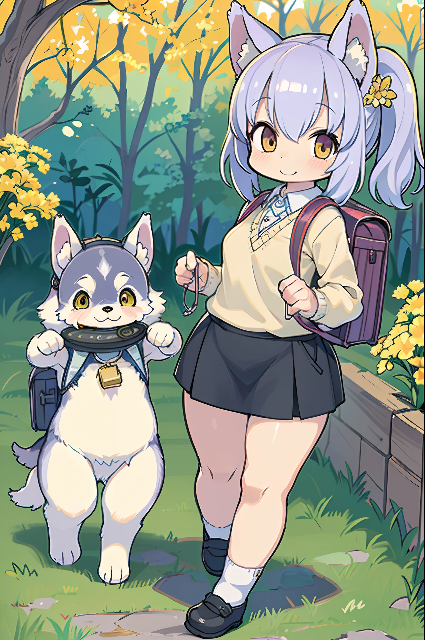 Very attractive little girl with backpack and cute puppy (husky) Enjoying a lovely spring outing surrounded by beautiful yellow flowers and nature. 4K resolution, hard disk, Illustrations, Very detailed, Facial features, comic strip, Visual Effects.
