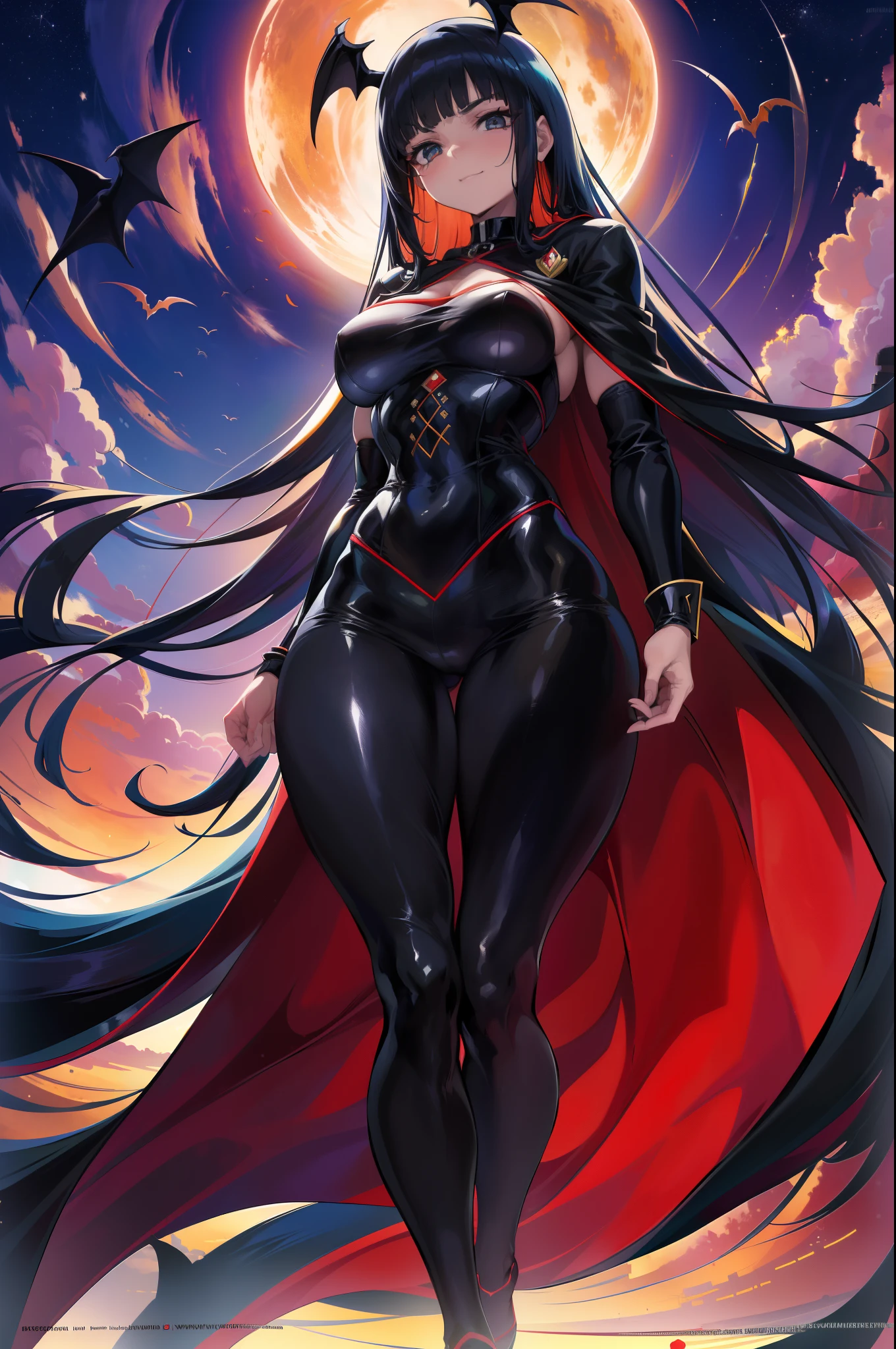 ( qualidade 8k ), ( melhor qualidade ), ( Ultra HD | | | | ), ( Anatomia do personagem perfeita ), ( perfect lighting ), ( Foto corpo inteiro 8k ), ( Detalhamentos perfeitos ), ( Detalhes do personagem perfeitos ), ( Details of the perfect setting ), ( obra prima ), ( Simetria do rosto do personagem perfeito ), ( Construction of the body of the delicate female character ) Uma Condessa Vampira perfeita, extremamente bela, com cabelos azuis (( hair fluttering in the wind )), Large succubus handles (( Cor das Asas Interna Vermelha, Externa preto )) , corpo perfeito, rosto lindo, torso, pernas, Arms, smile shy, ((calm expression)), ((sangue escorrendo na latera da boca)), wearing Count Dracula's clothes in black, corpo inteiro vampiro traje cor vermelha, wearing a black robe of Count Dracula, ((hair fluttering in the wind)), ( Transylvania Scenery ), ( Castle in Transylvania ), ( Starry Night Schedule ).