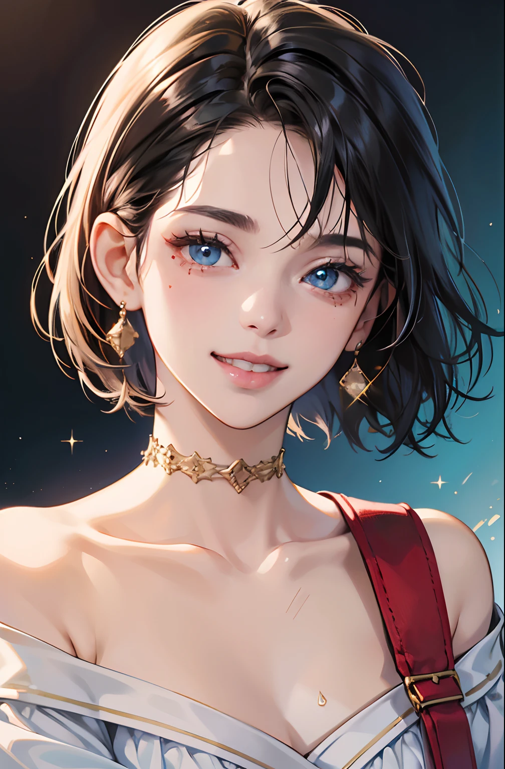 (Masterpiece: 1.3), (8k, Photorealistic, RAW Photo, Best Quality: 1.4), (1girl), Beautiful Face, (Realistic Face), (Black Hair, Short Hair: 1.3), Beautiful Hairstyle, (Bangs), (Smile), Smile, Realistic Eyes, Gloss, Highlights, Highlights in the Eyes, Eyelashes, Beautiful Detail Eyes, (Realistic Skin), Beautiful Skin, Transparency, Off Shoulder, Red knit, blue knit, black shoulder strap, shoulder strap, thick choker, bust, smile, tooth, absurdity, attractive, ultra high resolution, ultra-realistic, high definition, golden ratio, crystal clear eyes, wet, mole, gaze on camera, ears, sparkle, long neck, double eyelids, big eyes, cheeks, gentle character, attractive personality, gentle, touching, overwhelming charm, bright personality --auto