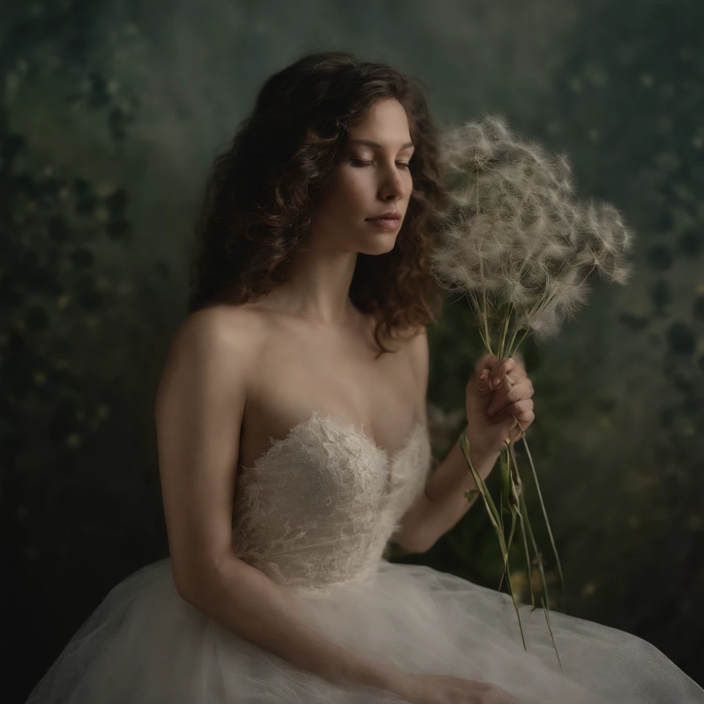 A naked woman tied up with dandelion and flowers, beautifully symmetrical, soft diffusion, silks, inspired by Nagasawa Rosetsu, photographed in full frame, supple look, vermilion, dominant, wrapped, stellation, devoted, unframed, subsurface.