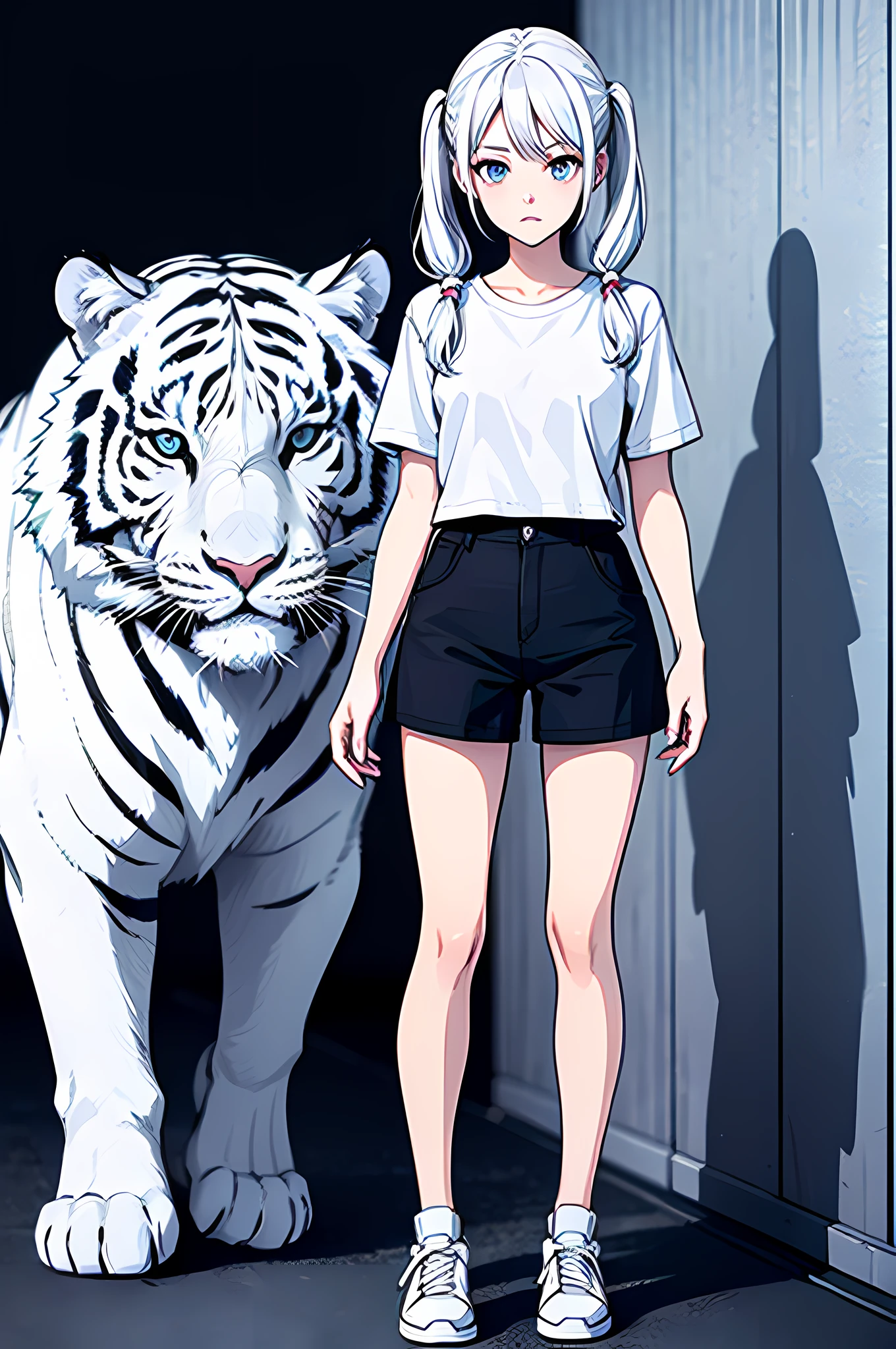 best quality,masterpiece,original,extremely detailed wallpaper,anime style,looking at viewer,1girl,solo,white hair,long hair,straight hair,twintails,white tiger behind a girl,short sleeves,black short pants,white sneakers,standing, (light blue shirt),