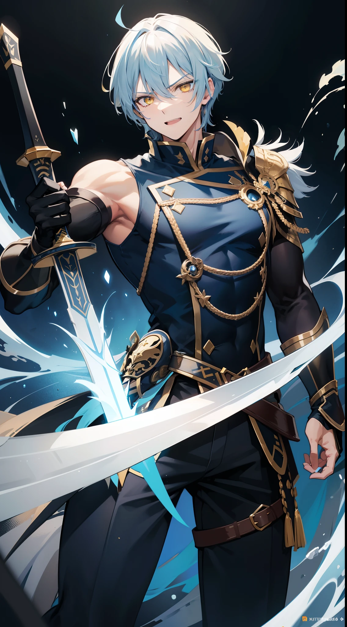 Grown-up guy, Long blue and white hair, Yellow eyes, musculature, smirk, open mouth, Black Mercenary Uniform, sword, Sleeveless, Gold Elements, Masterpiece, hiquality, higly detailed, HD, 4k