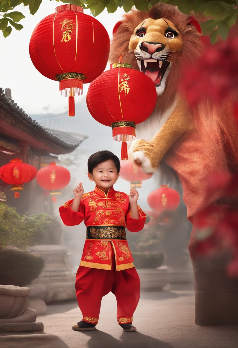 (Solo:1.4)A boy with:1 Holding a huge lion's head::2，Children，adolable，big laughter，Red lanterns，Chinese Year，Chinese clothes，   China-style，red colour，lion dance