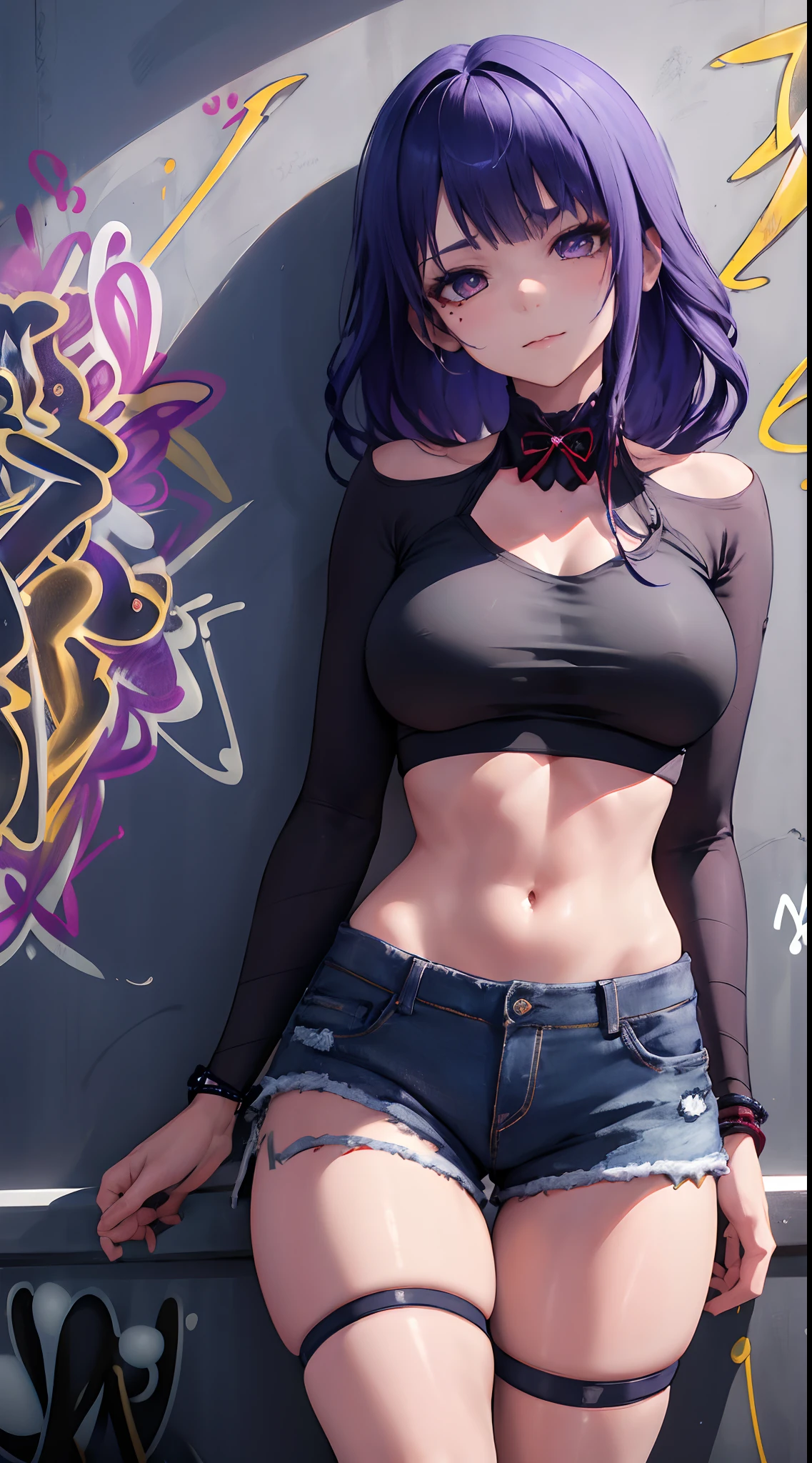 Kujou Sara Genshin Effect, masterpiece, bestquality, 1girls, bara, crop top, shorts jeans, choker, (Graffiti:1.5), color splashes, arm behind back, against wall, looking at the audience, bracelet, Thigh strap, Paint on the body................, Head tilt, bored, multicolored hair, water eyes, headset,