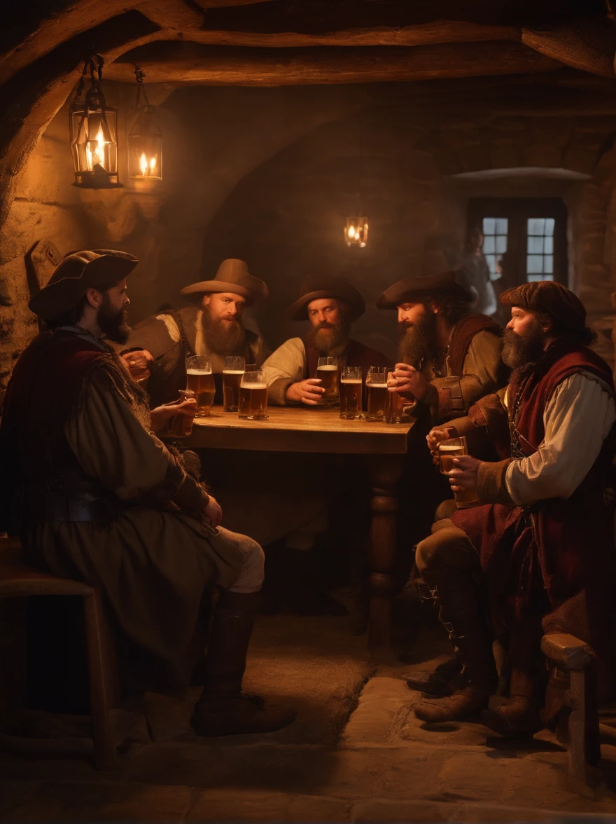 A group of bearded and mustachioed men in medieval Europe drinking beer in a tavern, the atmosphere of the tavern is like that of a pirate movie, long shot, ultra detailed, 8k resolution , masterpiece