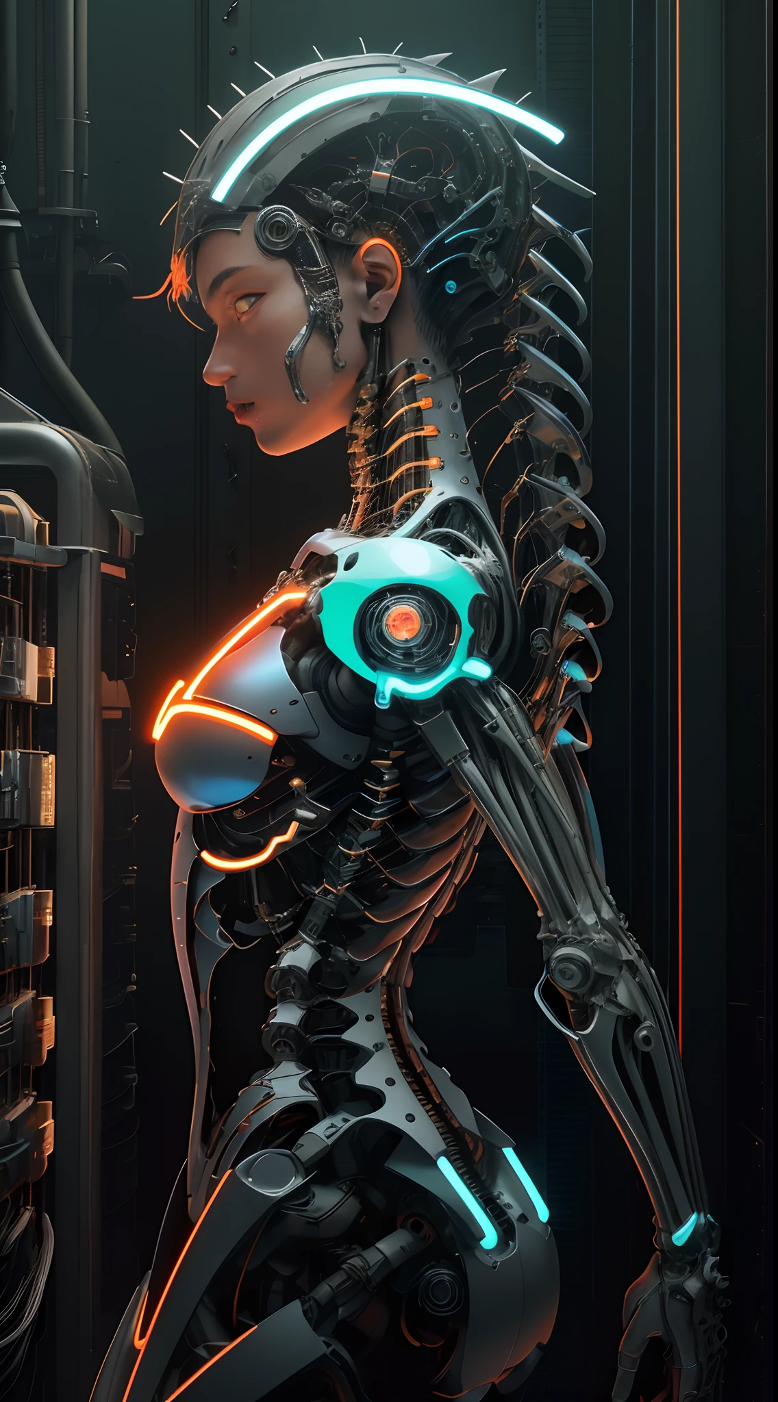 Reelmech, Sirvienta , (((obra maestra))), (((La mejor calidad))), ((ultra detallado)), (Highly detailed CG illustration), ((un extremadamente delicado y hermoso)),(Front view),CinematicLight,((1mechanical girl)),solamente,cuerpo completo,(machine made joints:1.2),((machanical limbs)),(Blood Vessels Attached to Tubes),(mechanical vertebra attaching to the back),((mechanical cervial attaching to neck)),(ojos cerrados),inexpresivo,(alambres y cables que se fijan al cuello:1.2),(alambres y cables en la cabeza:1.2)(enfoque del personaje),Science-Fiction,extremadamente detallado,De color,highest detailed,(laboratorio:1.4),fondo azul:1.4),(Neon lights Orange:1.4), motor irreal:1.4,UHD,La mejor calidad:1.4, (fotorrealista:1.4, textura de la piel:1.4, obra maestra:1.8,