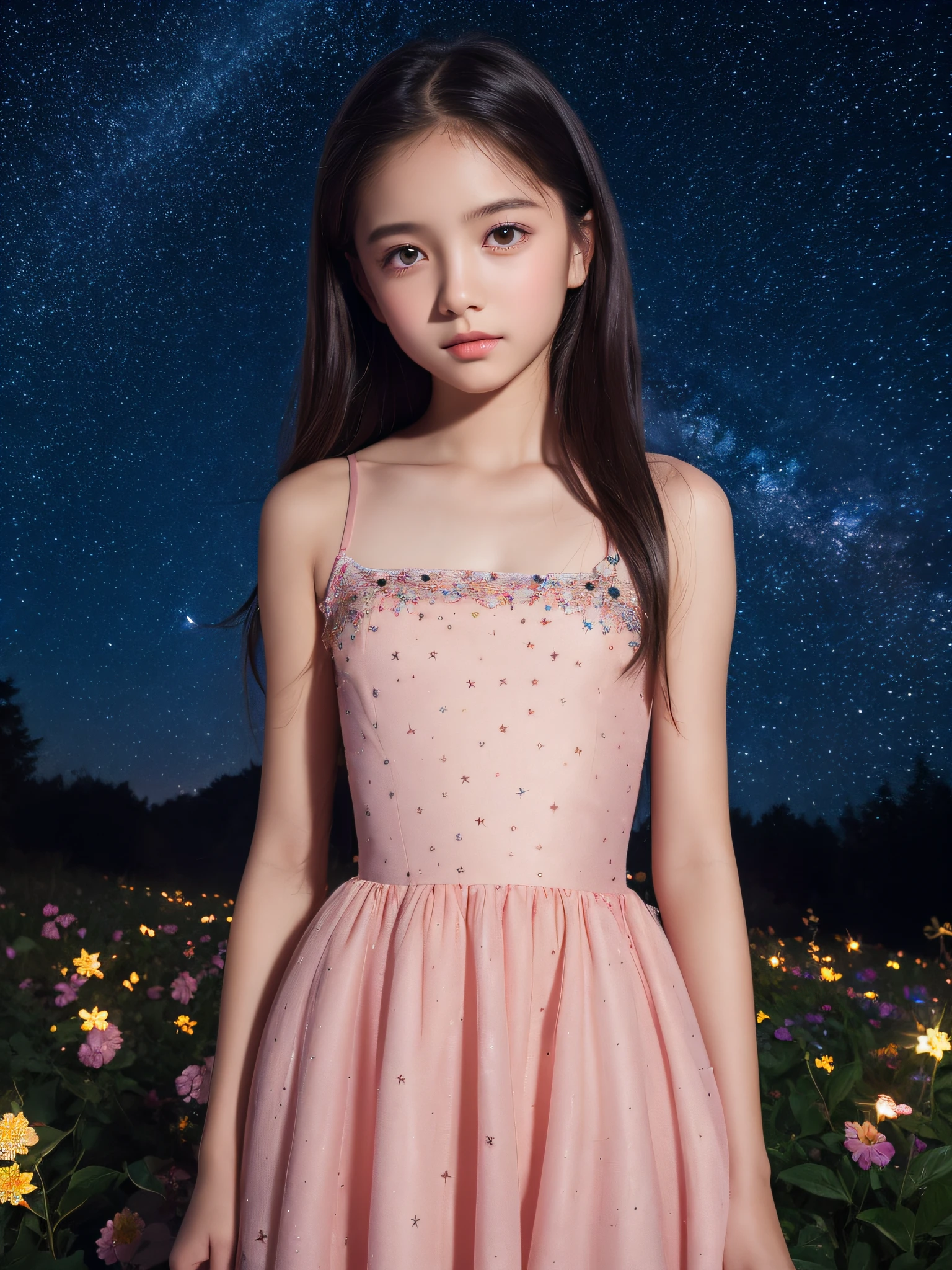 8K、12-year-old beautiful girl, Super Long Hair, Starry sky background、detailed beautiful faces、Camisole Dresses, Colorful flower garden、Night,Starscape Portrait