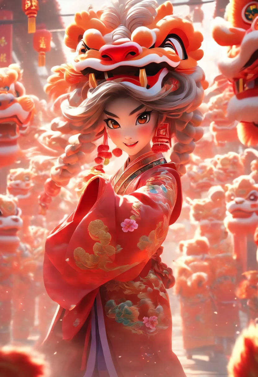 China-style,Guangzhou lion dance girl,highly detailed surreal vfx,Smudge,super-fine,ultra - detailed,high qulity,8K ,oc rendered,full body pov