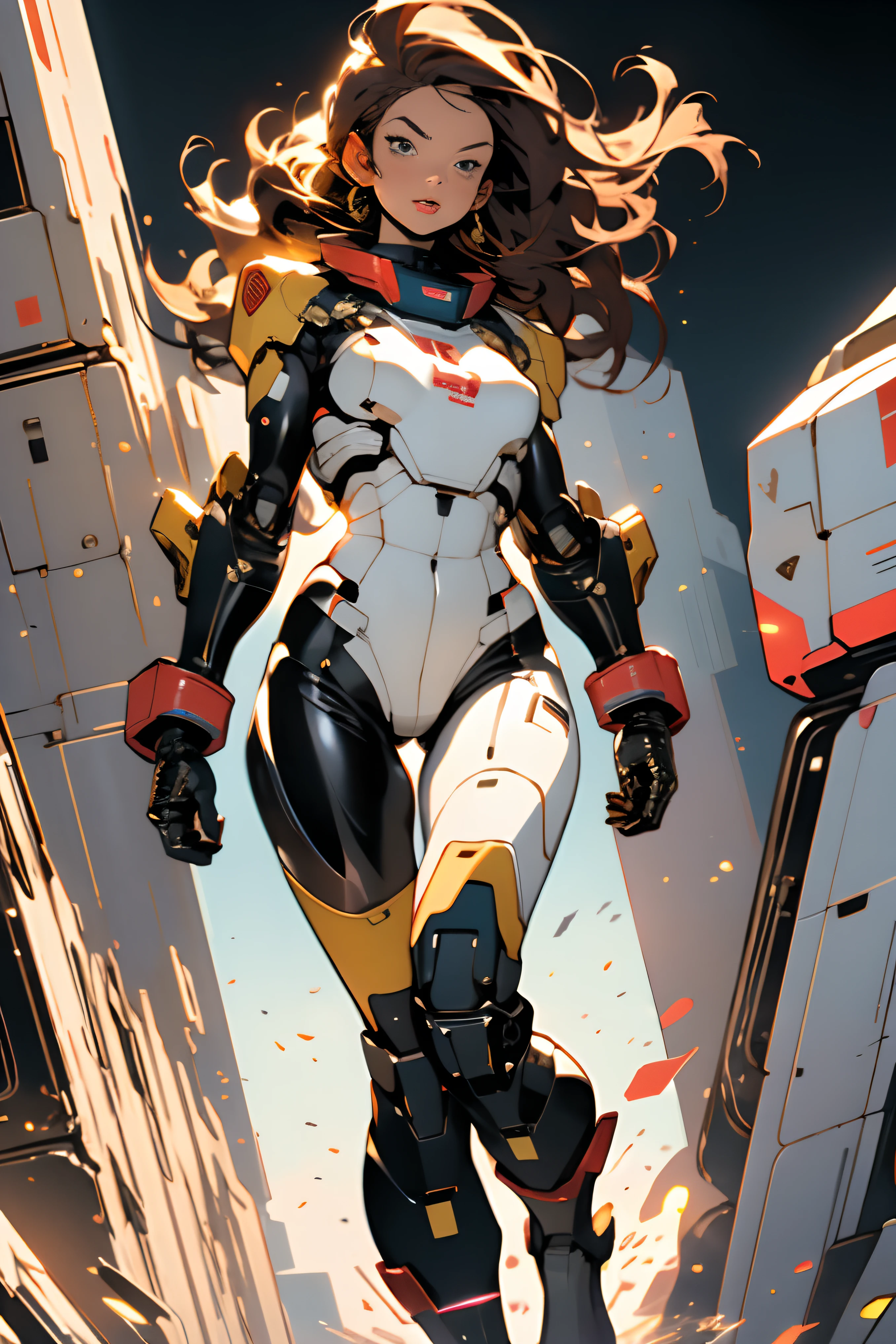 ((Best quality)), ((masterpiece)), (detailed: 1.4), (Absurd), (((full body)), (((woman))), 35-year-old woman, Beautiful thin woman, giant robot pilot, wild with perfect fit body, perfect face, perfect eyes, wearing little clothing, tiny thong, clothing with Japanese graphic patterns, halftone pattern and vertical stripes, yellow gold, coming out of the body of a giant robot, thigh gap