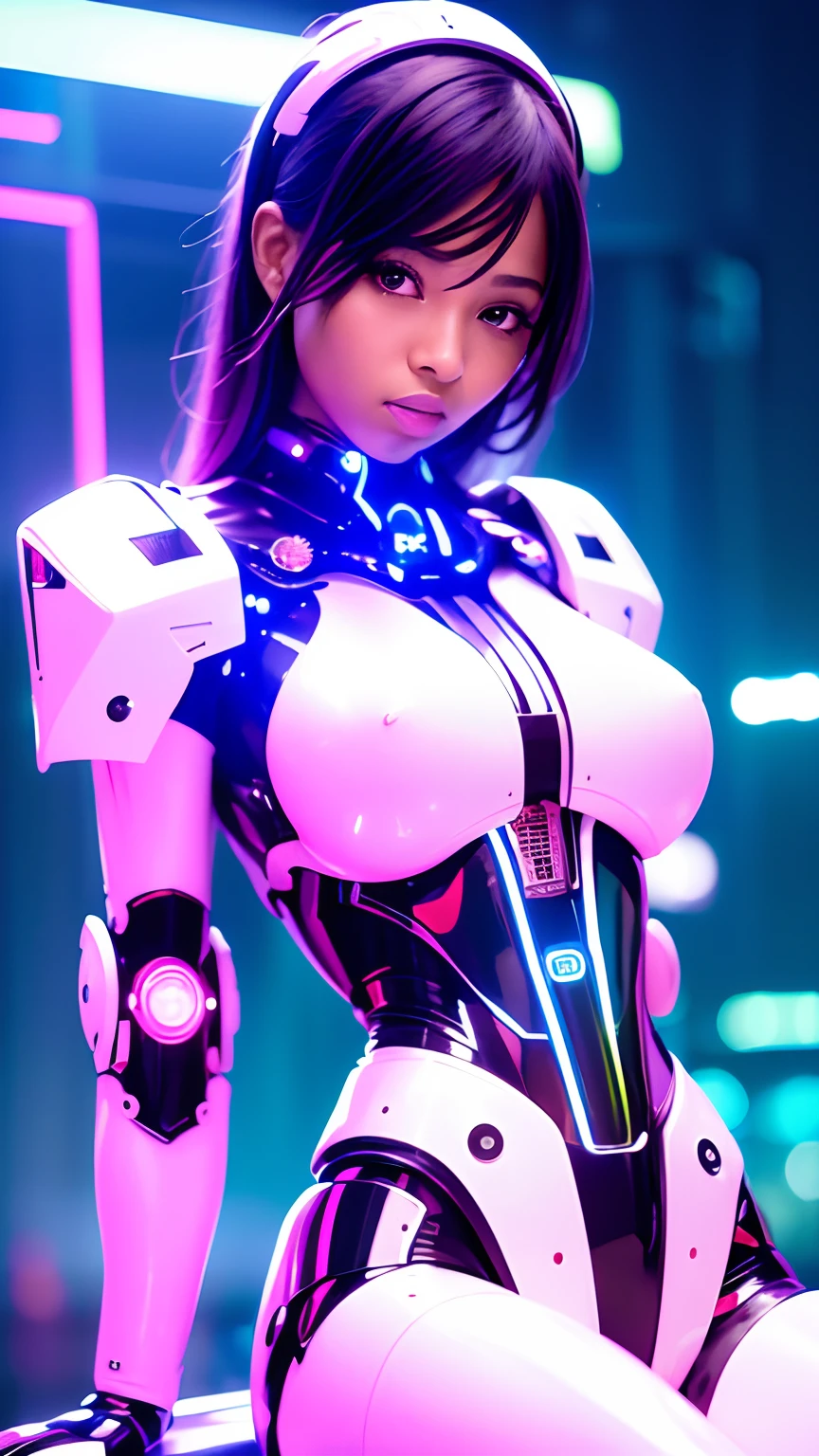 masterpiece, best quality, 1girl, beautiful black girl, small breasts, Mecha, beautiful lighting, (Neon Light:1.2), (Night:1.5), sitting,