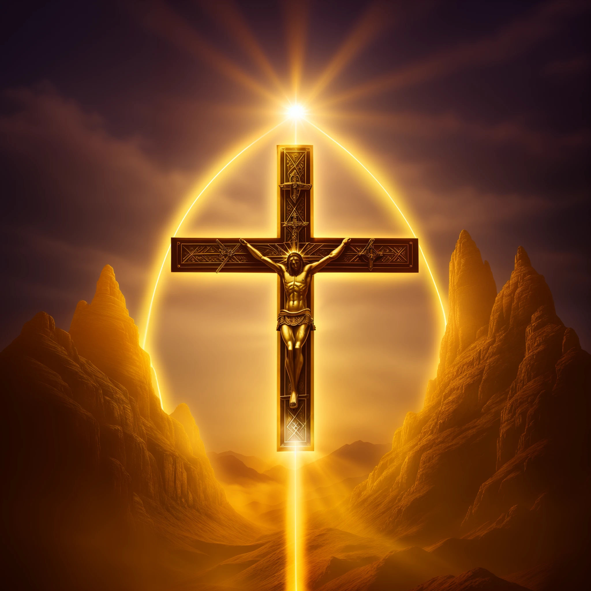 The cross of Alafeld glitters in the clouds, Cross, cross composition, an abstract spiritual background, Holy Cross, religion, holy sacred light rays, god's rays highly detailed, Holy, highly rendered, light of god, The shadow of the cross, Created in Adobe Illustrator, bright light masterpiece, author：Alexander Kosis, Crucifix
