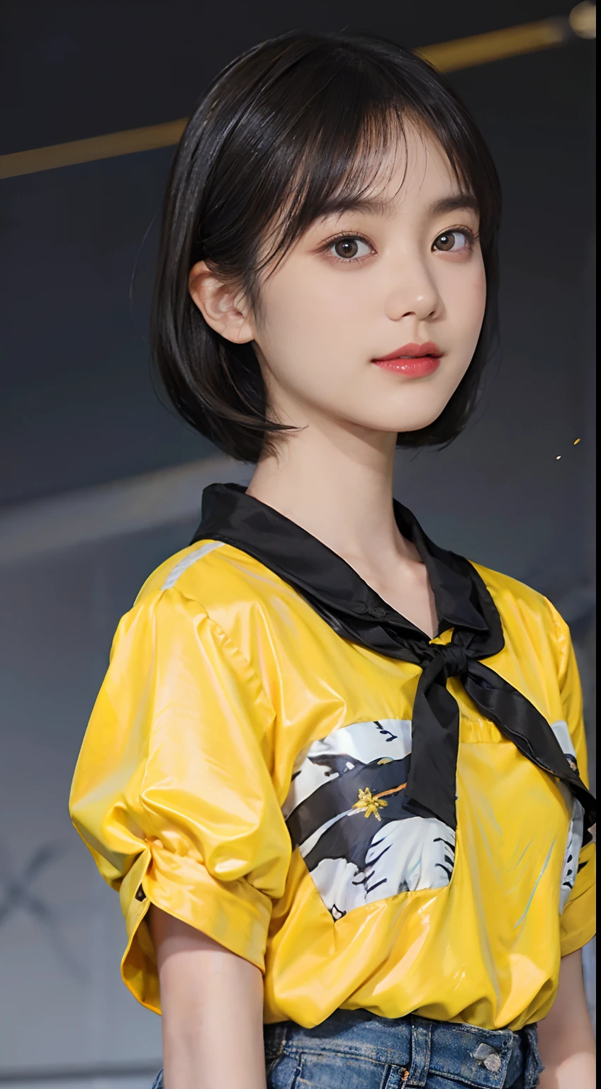 ((1womanl)),  (((Black shorthair))), （masuter piece：1,3）、top-quality、​masterpiece、hight resolution、Original、highly detailed wallpaper、jeans、Large ribbon, (A slight smil)、a small face、((Breast bulge))、(Zebra print t-shirt)、(Yellow and blue clothes)、(Light on Face)、Live-action style, Beautiful facial features, darkened room, full-shot