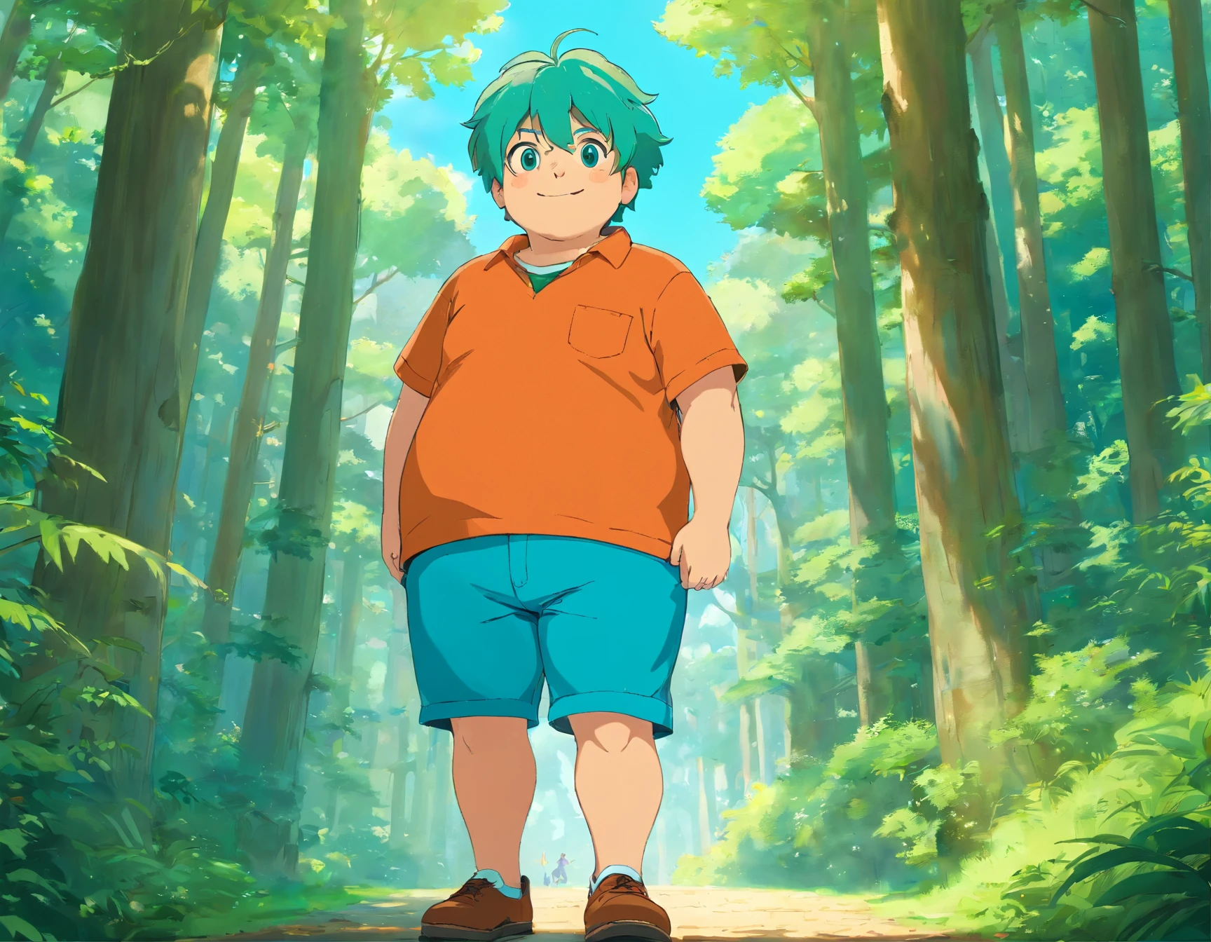 Solo, 1boy, chubby body, fat body, cyan eyes, green hair, orange shirt, blue shorts, brown shoes, smile, looking at viewer, standing, forest, blue sky, sunlight, outdoors, full body