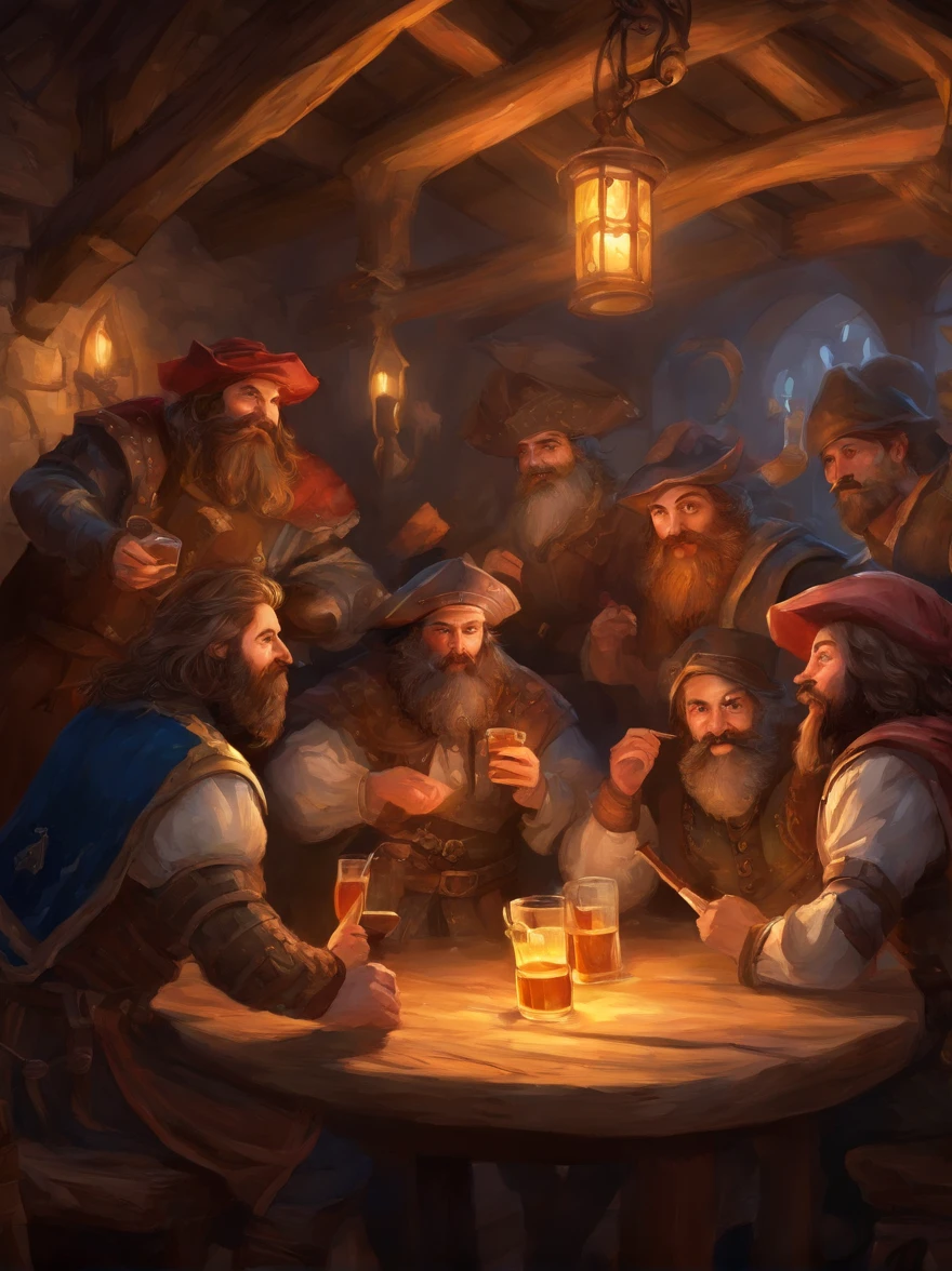 A group of bearded and mustachioed men in medieval Europe drinking beer in a tavern, the atmosphere of the tavern is like that of a pirate movie, long shot, ultra detailed, 8k resolution , masterpiece