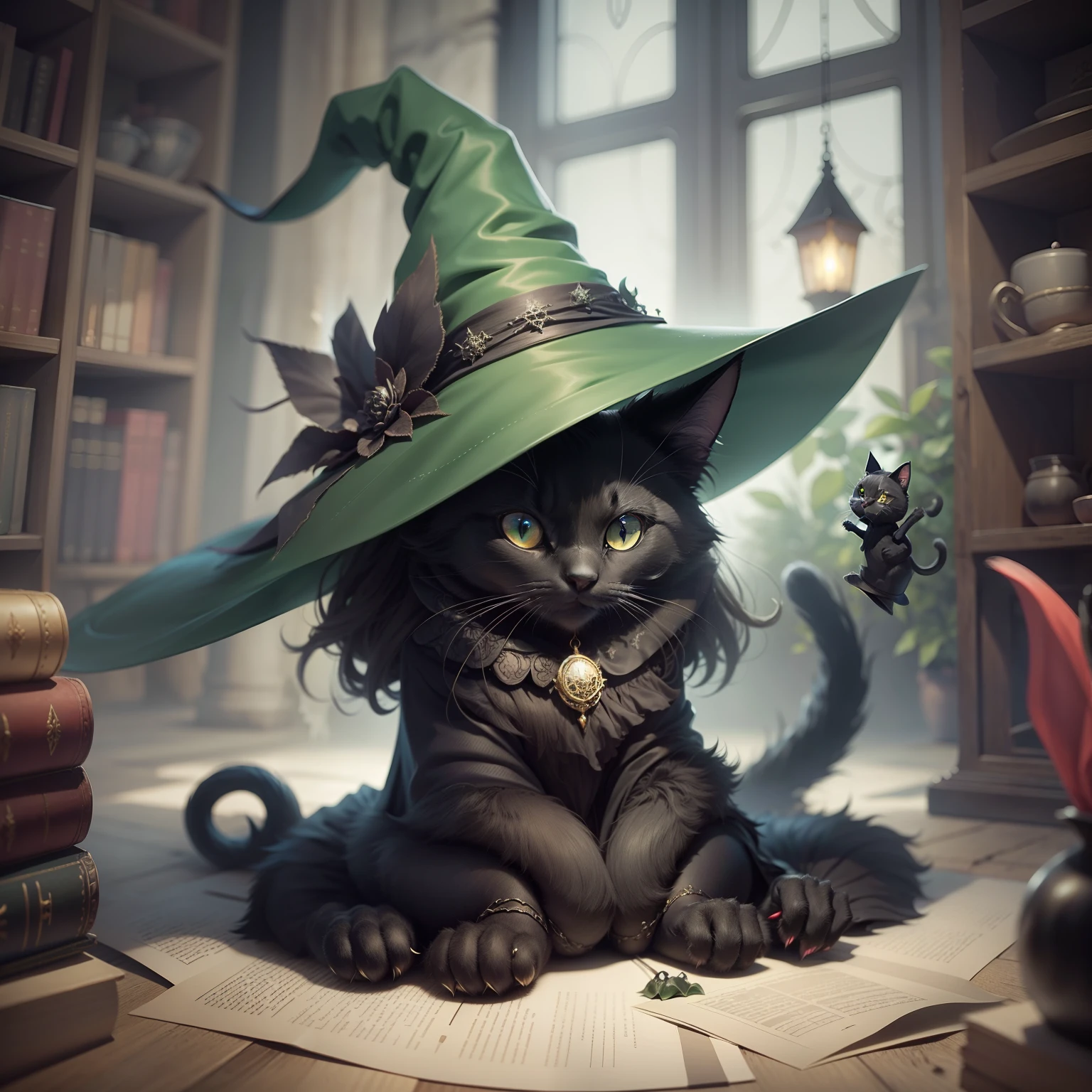 Beautiful Wicked witch, wearing a big witch hat, black cat, spell a big