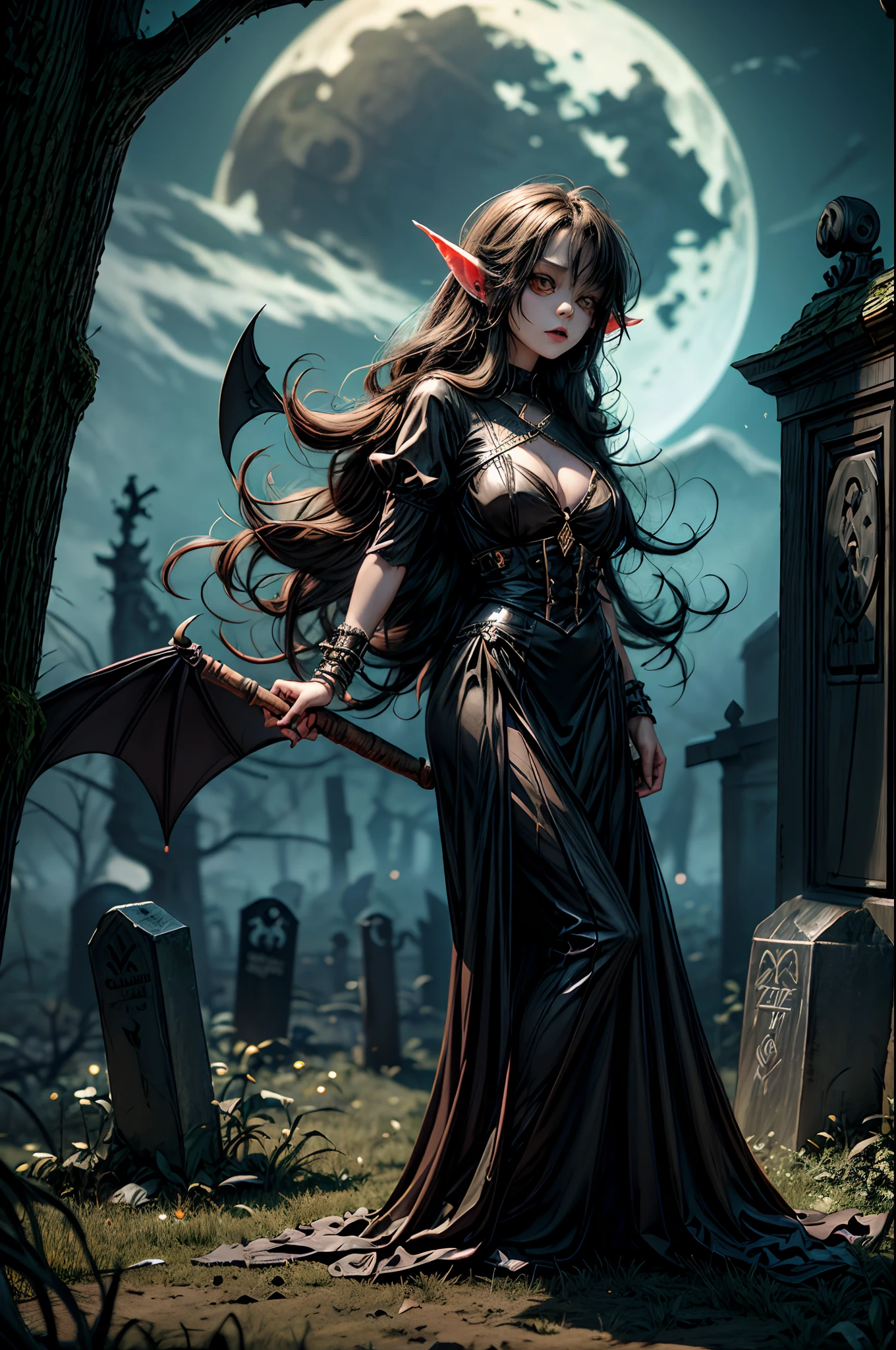 t-shirt design, a magical and scary pumpkin elf, grave headstones, bat silhouette, scary ancient tree, moon, river, magical and grotesque thriller, ultra-complex details, ultra-fine, surrealistic, bold and amazing creative design, colorful, black magical text: "Trick or Treat", dark fantasy, cinematic