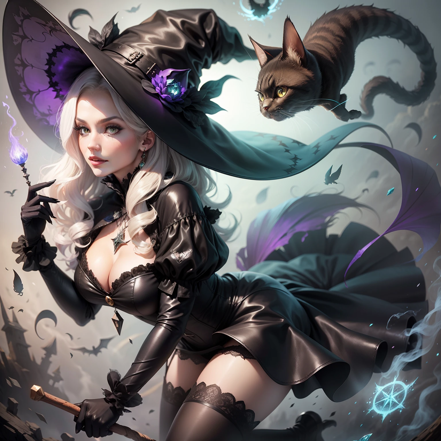 Beautiful Wicked witch, wearing a big witch hat, black cat, spell a big