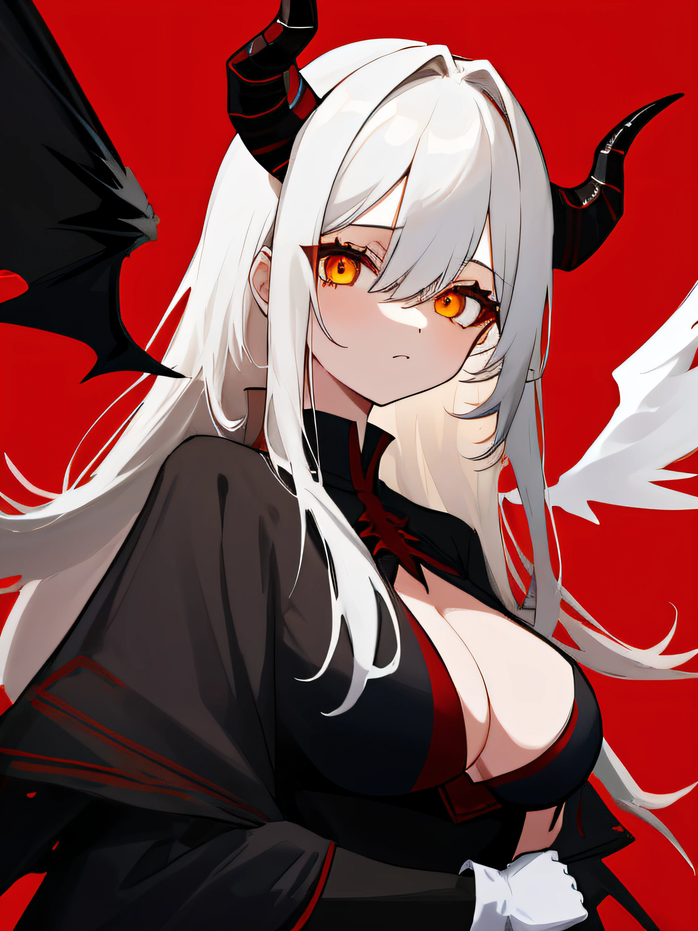 (masterpiece, best quality, absurdres, very detailed eyes), 1girl, solo, solofocus, medium to large breasts, white hair, long hair, yellow eyes, closeup, ager, black dress, white boots, black wings, red eyes, upper body, red background, demon horns