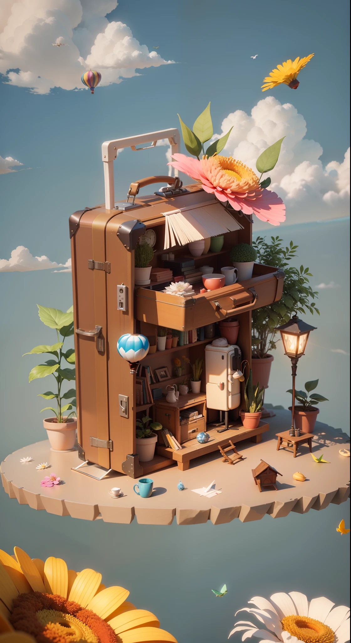 There is a suitcase,There was a hot air balloon pulling on it,Clouds,ambiance,leafs,Chrysanthemums floating in the air,Paper airplanes,(Miniatures:1.2),2.5D illustration,3Drenderingof,3D modeling,Bubble Matt, trend on behance 3d art, trend on behance 3d art, 3 D 插图, 3d illustrations, 3 D 插图, Business illustration, Cinema 4D color rendering, 3 d render stylized, Stylized digital illustration, 3D stylized scene, stylized 3d render