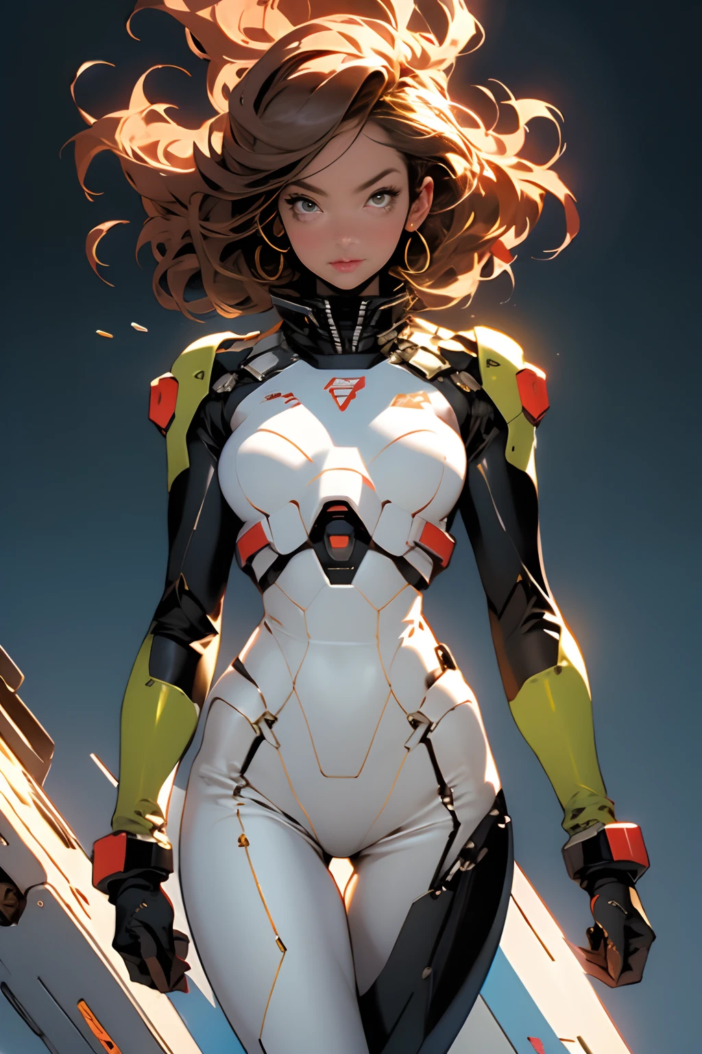 ((Best quality)), ((masterpiece)), (detailed: 1.4), (Absurd), (((full body)), (((woman))), 35-year-old woman, Beautiful thin woman, giant robot pilot, wild with perfect fit body, perfect face, perfect eyes, striking eyes, wearing little clothing, tiny thong, clothing with Japanese graphic patterns, halftone pattern and vertical stripes, yellow gold, coming out of the body of a giant robot, thigh gap