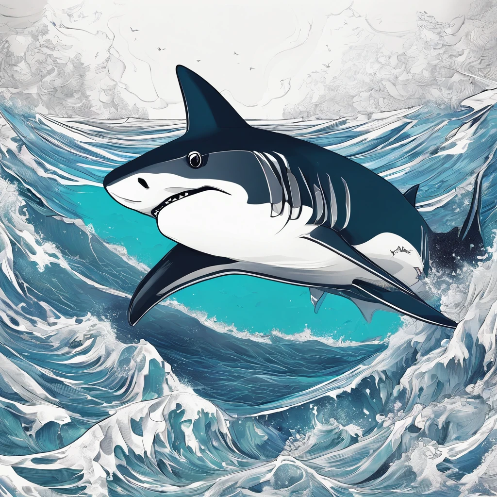 (best quality,4k,8k,highres,masterpiece:1.2),ultra-detailed,(realistic,photorealistic,photo-realistic:1.37),shark illustration,black background,bold outline style,jagged edges,trashcore,light shading,sticker design,eye-catching,vibrant colors,sea creature,aggressive posture,underwater scene,dynamic composition,fierce expression,wild teeth,sharp fins,water ripples,rippling waves,contrast,striking visual,attention-grabbing,high contrast,finely detailed scales,exquisite fine lines,impressive level of detail,stunning shading,imposing presence,creative interpretation,unique perspective,powerful and captivating imagery,expressive artwork,memorable design