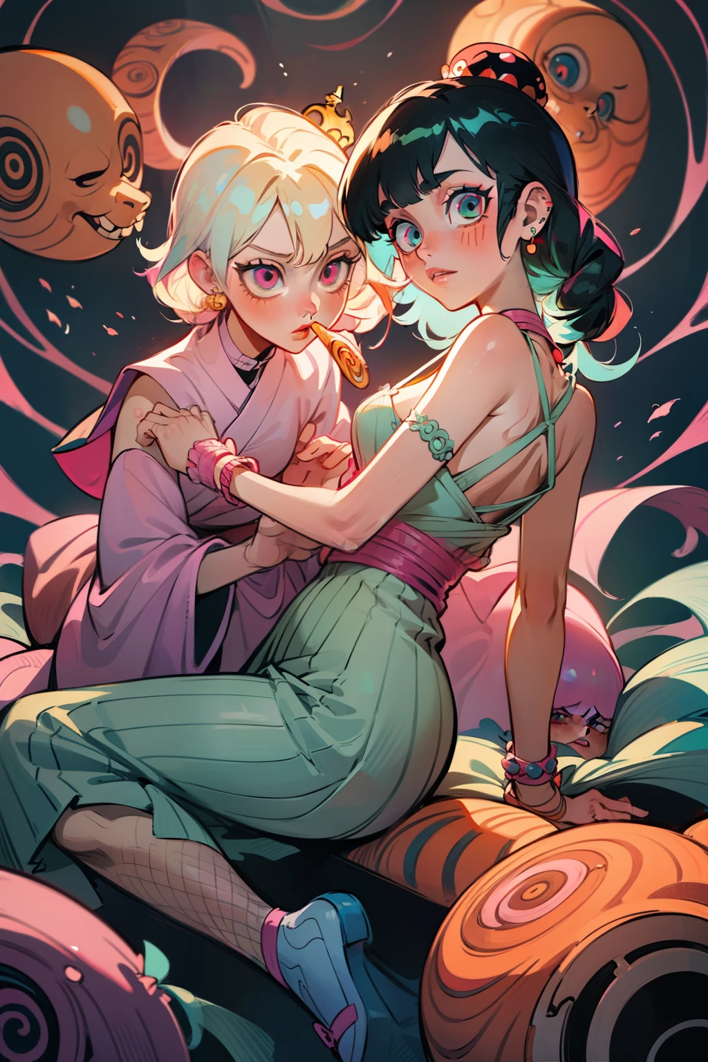 Red ambient lighting, green and yellow toned theme,Two girls in a garden, gardening, holding flowers, planting with a shovel, sunny blue skies, clear blue cloud skies, rabbits running around, nothing vicious, akato yamamoto art style, horror manga, goru, girl in lingerie and shibari laying on the floor, Ultra maniac anime manga style theme (nana manga) Kamikaze kaitoujin, full body high quality 4k illustration, ceiling view pose girl looking into camera from a white bedsheet and blood splatter, Junji ito style, (uzumaki, lit. "Spiral") is a Japanese horror manga series written and illustrated by Junji Ito, horror illustration, (uzumaki) (tomie) (a girl,beauty,2girls)cool detailed eyes,beautiful detailed lips,extremely detailed eyes and face,longeyelashes,colorful hair,confident smile,stylish outfit, earrings (yummy) food in a dynamic pose(aesthetic style),vibrant colors,street-art inspired background,urban lighting, pearly white and orange and pink, Comic book heroin. villain. White hair streaks, aqua blue hair, hair with a lot of flow and blonde, city scape, clothes, lingerie laying on the floor