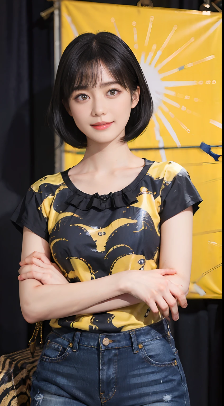 ((1womanl)),  (((Black shorthair))), （masuter piece：1,3）、top-quality、​masterpiece、hight resolution、Original、highly detailed wallpaper、jeans、Large ribbon, (A slight smil)、a small face、((Breast bulge))、(Zebra print t-shirt)、(Yellow and blue clothes)、(Light on Face)、Live-action style, Beautiful facial features, darkened room, full-shot