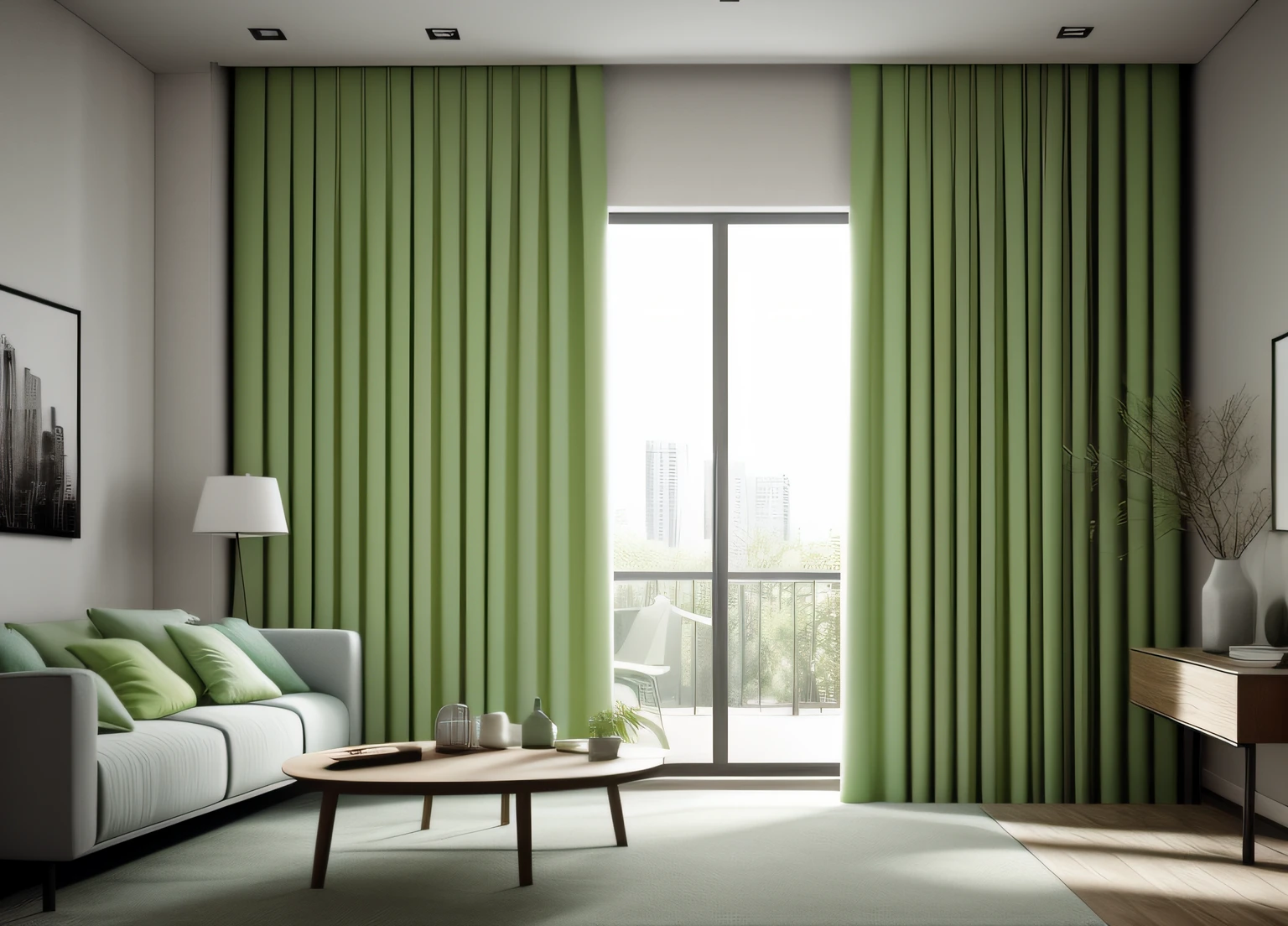thick curtains, light green, interior, interior design, modern, fully closed curtains, dark enviorment, luminous lighting, (masterpiece),(high quality), best quality, real, (realistic), super detailed, (full detail),(4k),8k