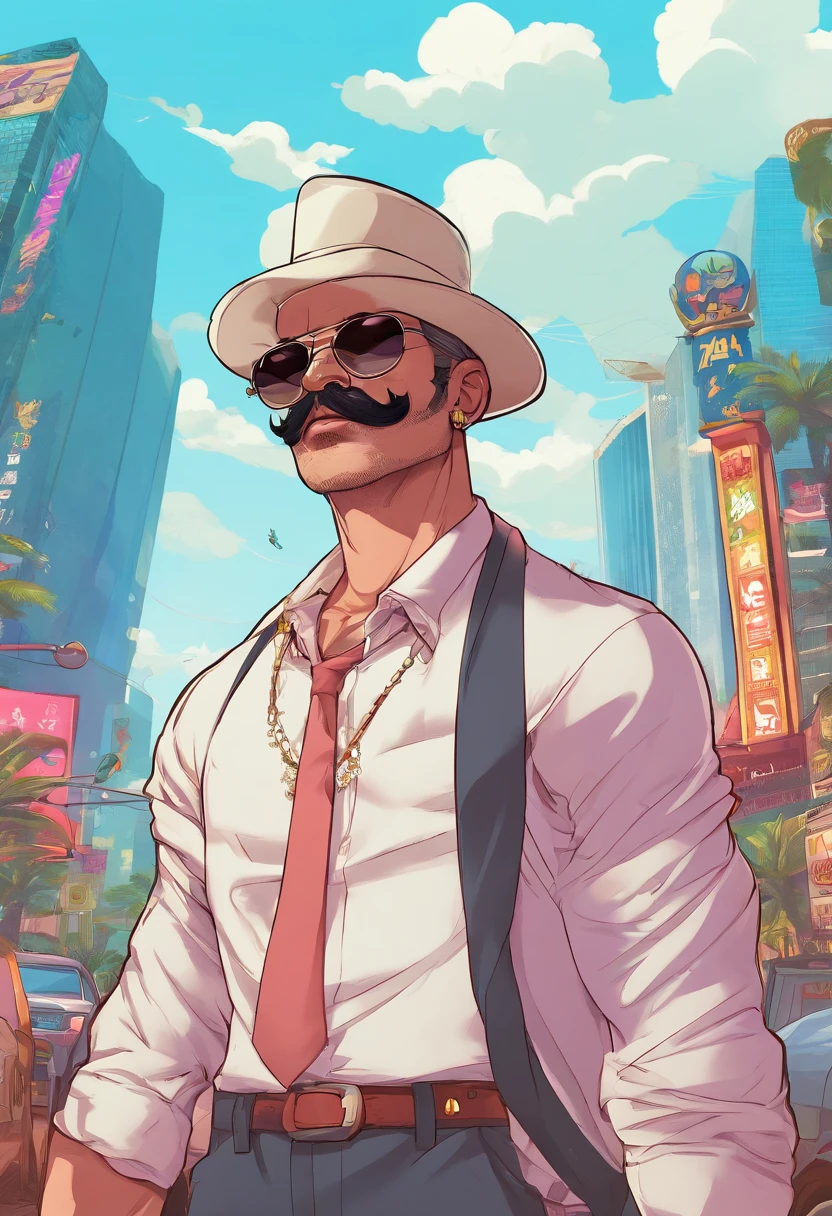 （High dynamic range）Adult males、bule、silber hair、[[a necklace、mustache、piercings]]、（ultra-detailliert）Matrix Sunglasses、Black hat、white t-shirts、Cartoon in a black suit、Illustration of the wind, cartoon artstyle, cartoon artstyle, in digital illustration style, highly detailed character design,Portrait Character Design, beautiful digital illustrations, high quality portrait, Cartoon art, Portrait of a character design、