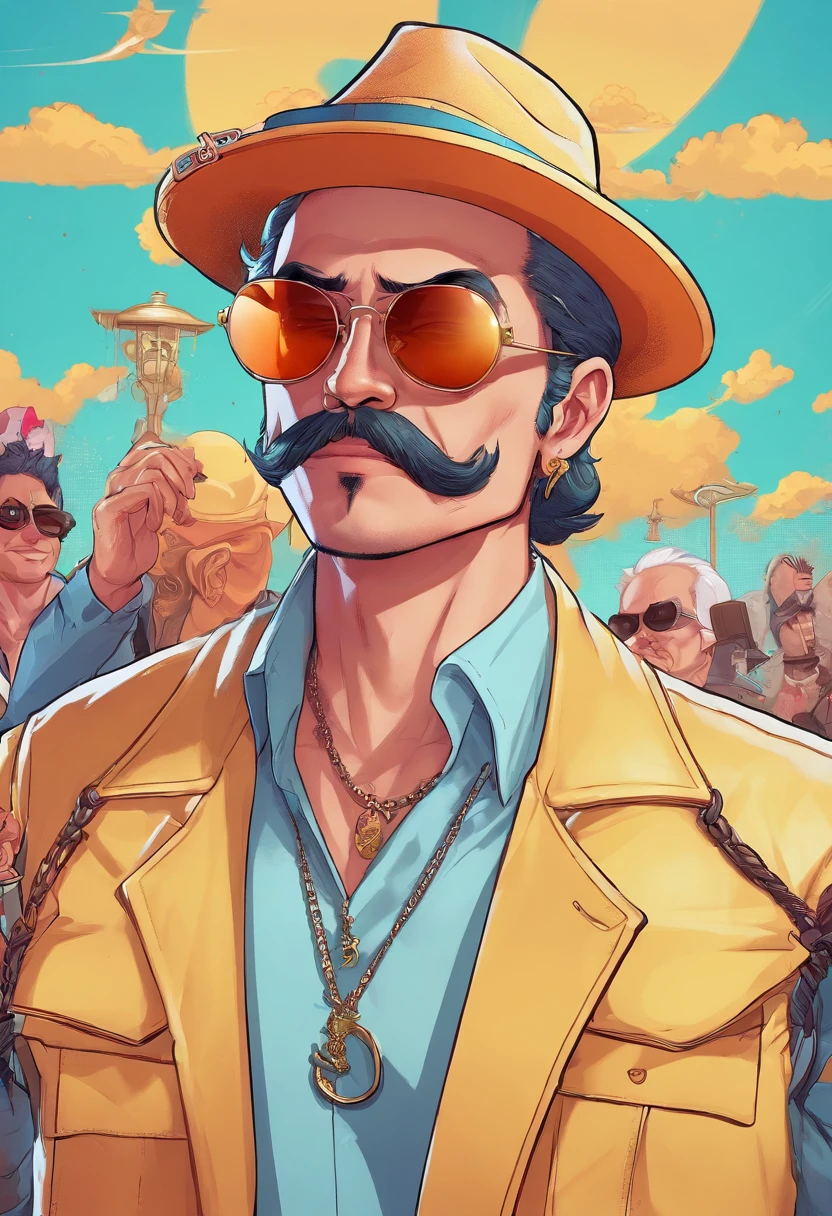 （High dynamic range）Adult males、bule、silber hair、[[a necklace、mustache、piercings]]、（ultra-detailliert）Matrix Sunglasses、Black hat、white t-shirts、Cartoon in a black suit、Illustration of the wind, cartoon artstyle, cartoon artstyle, in digital illustration style, highly detailed character design,Portrait Character Design, beautiful digital illustrations, high quality portrait, Cartoon art, Portrait of a character design、