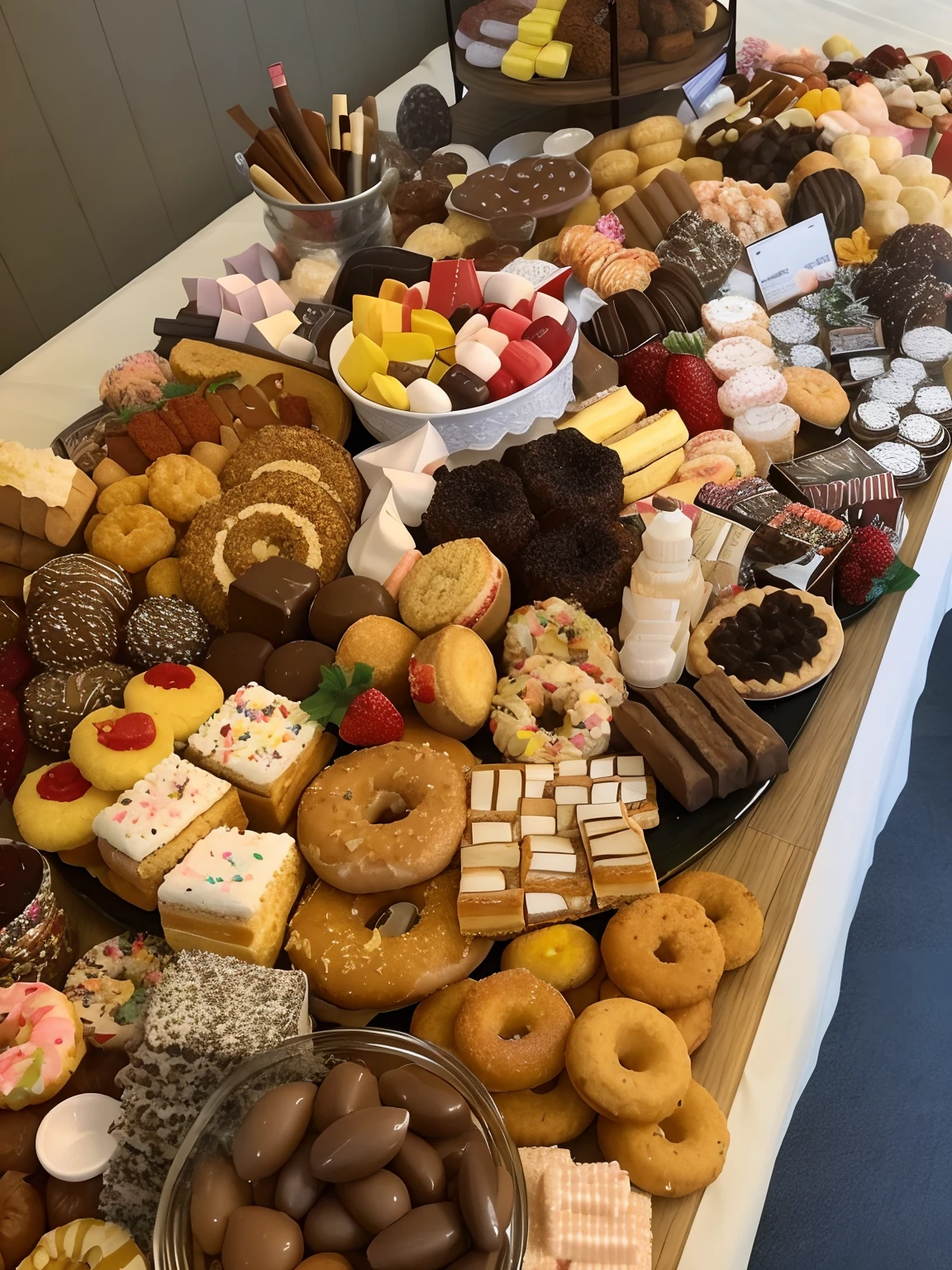there is a table with a lot of different types of donuts, overflowing feast buffet table, sweets, yummy, pastries, a table full of candy, snacks, the table is full of food, great compostion, pastry, desserts, greedy, eating, about to consume you, mmmmm, !!beautiful!!, made out of sweets